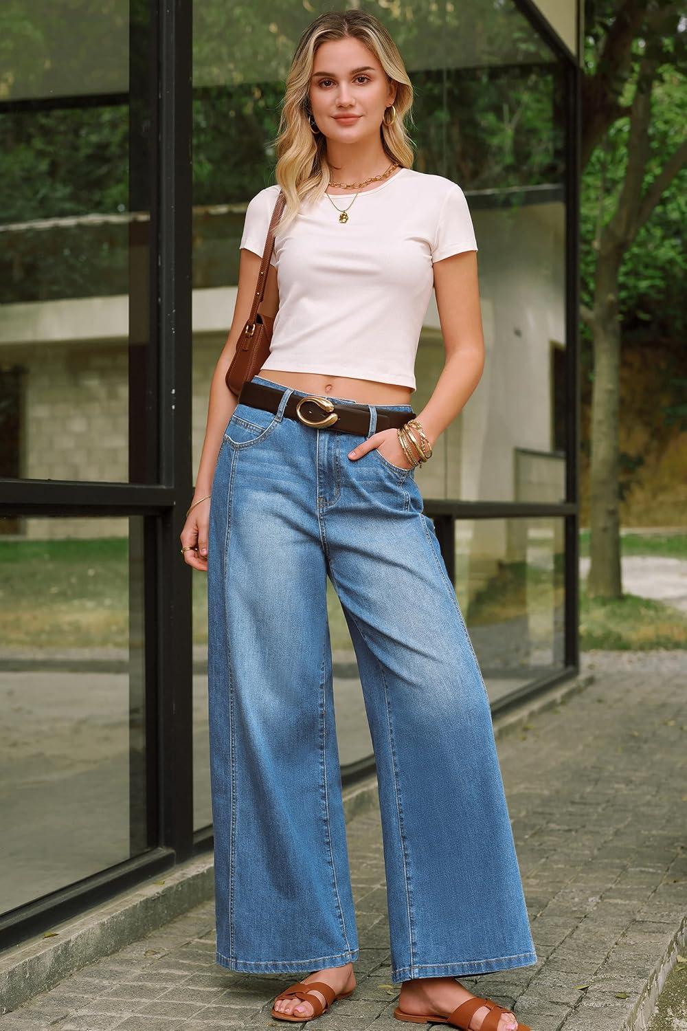 imageArachampCloz Womens Cotton Contrast Waistband Wide Leg Stretchy Denim Jeans 2026Light Blue