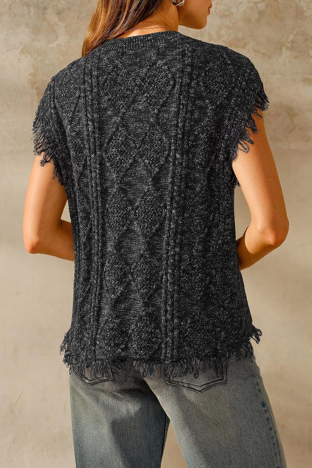 imageArachampCloz Womens Cozy Cotton Fringe Cable Knit Western Outfits Fall Sweater Vests 2025Black Heather