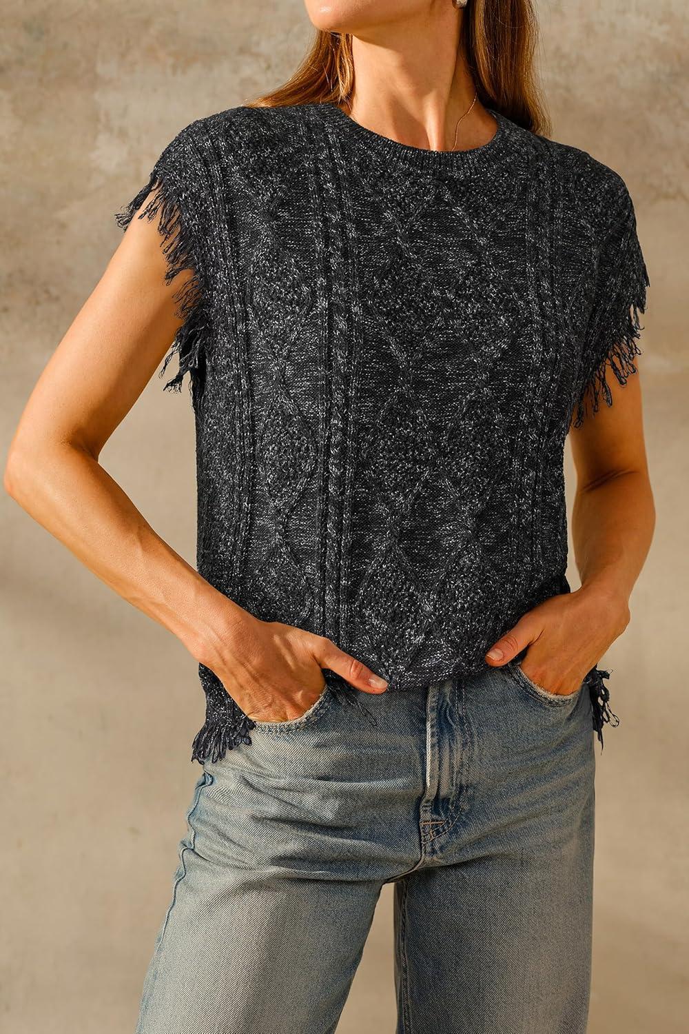 imageArachampCloz Womens Cozy Cotton Fringe Cable Knit Western Outfits Fall Sweater Vests 2025Black Heather