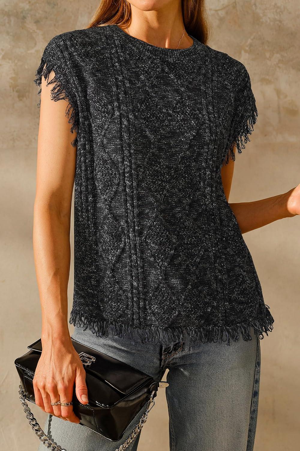 imageArachampCloz Womens Cozy Cotton Fringe Cable Knit Western Outfits Fall Sweater Vests 2025Black Heather