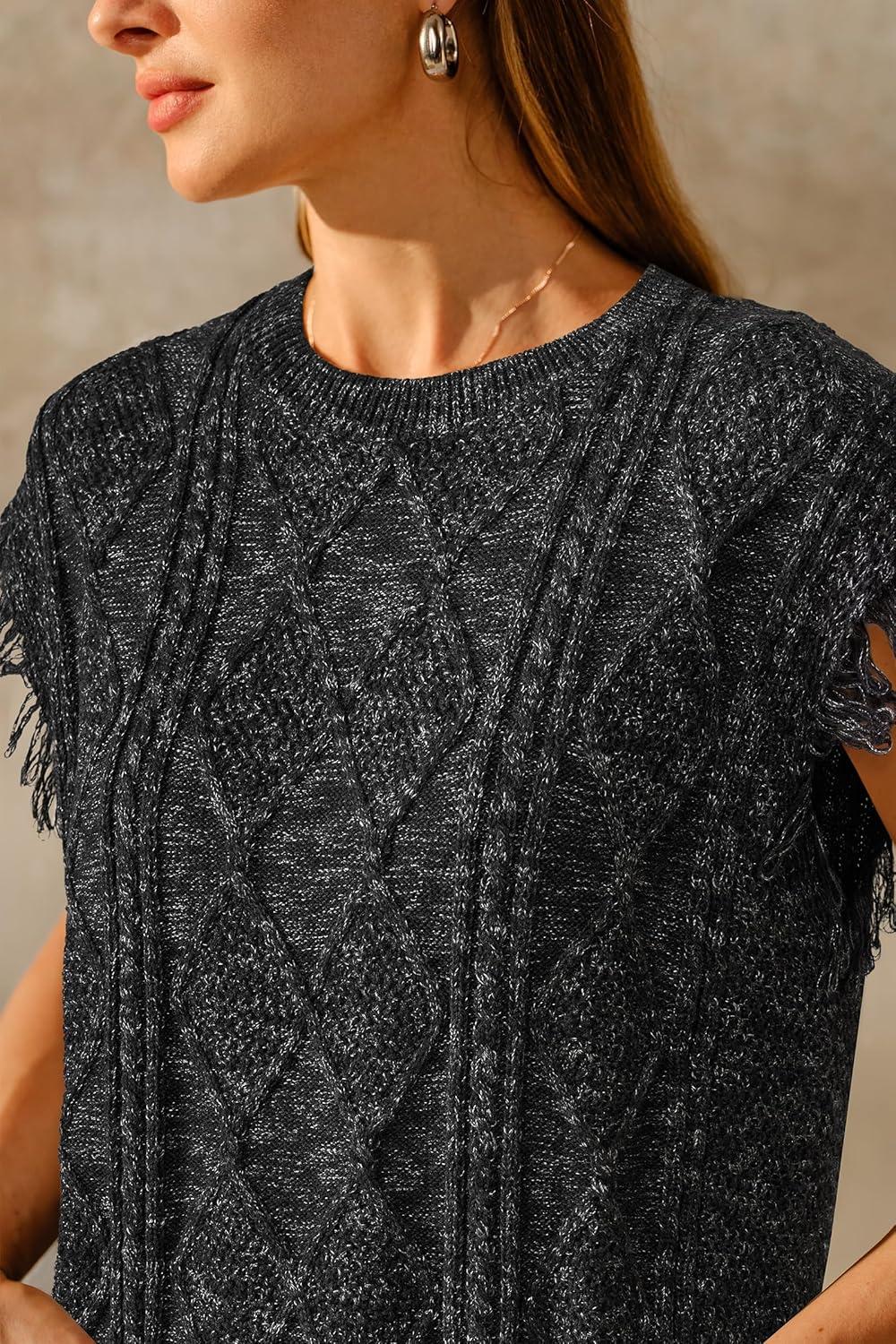 imageArachampCloz Womens Cozy Cotton Fringe Cable Knit Western Outfits Fall Sweater Vests 2025Black Heather