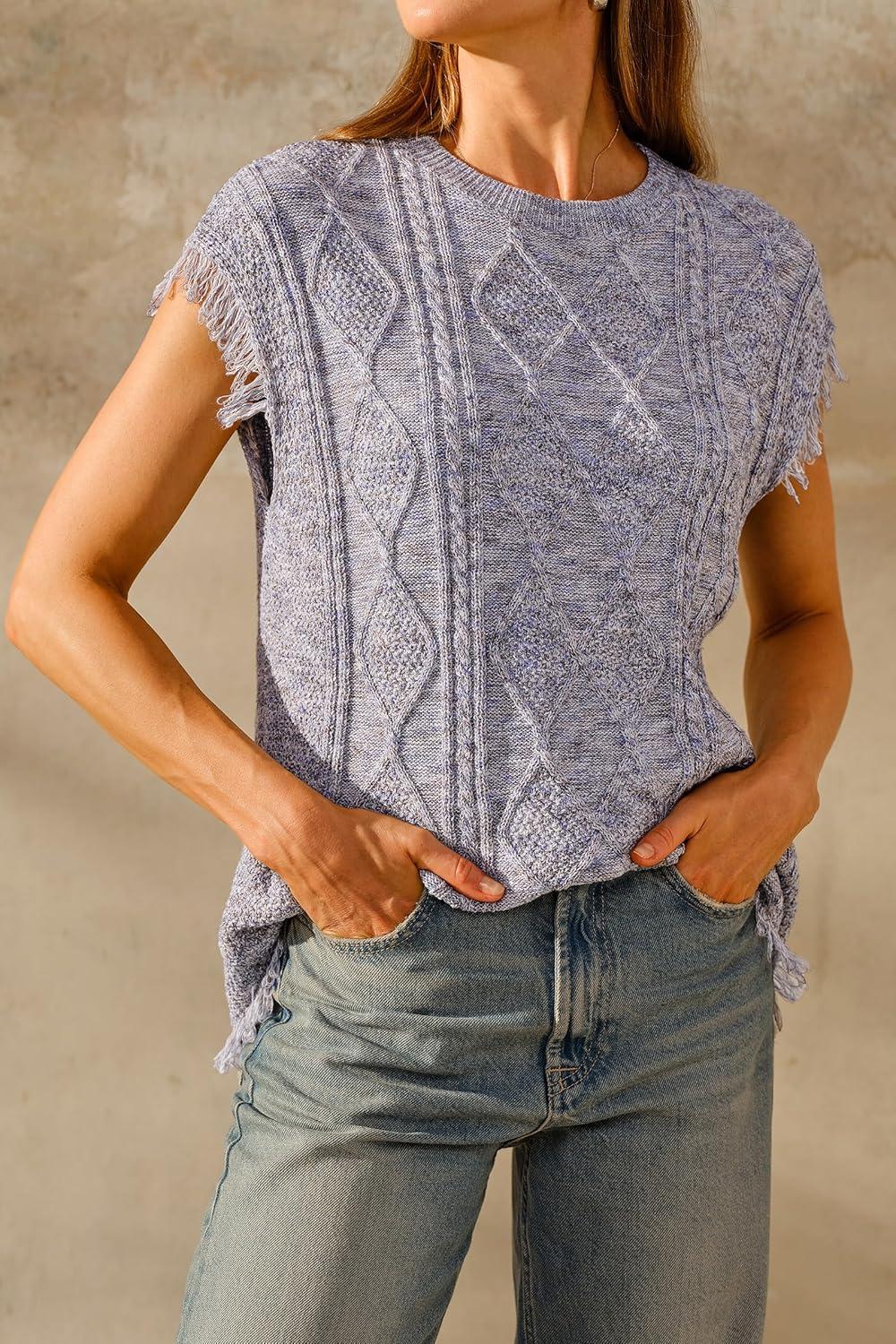 imageArachampCloz Womens Cozy Cotton Fringe Cable Knit Western Outfits Fall Sweater Vests 2025Blue Heather