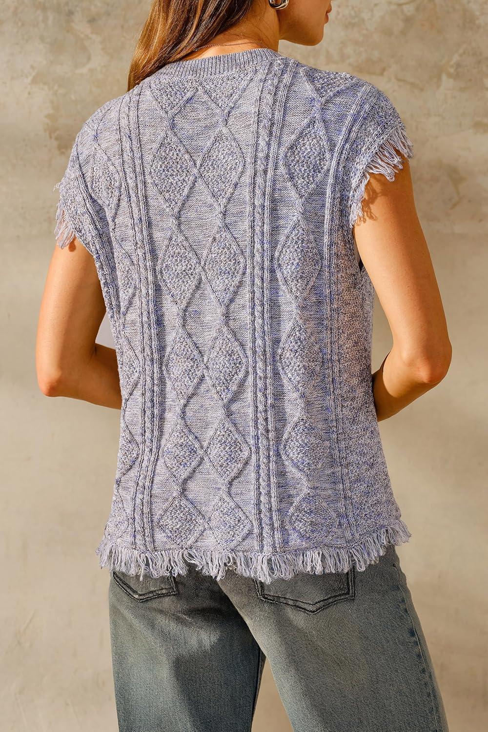imageArachampCloz Womens Cozy Cotton Fringe Cable Knit Western Outfits Fall Sweater Vests 2025Blue Heather