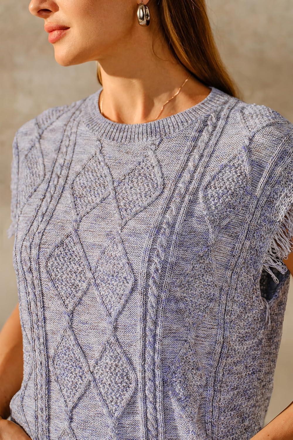 imageArachampCloz Womens Cozy Cotton Fringe Cable Knit Western Outfits Fall Sweater Vests 2025Blue Heather