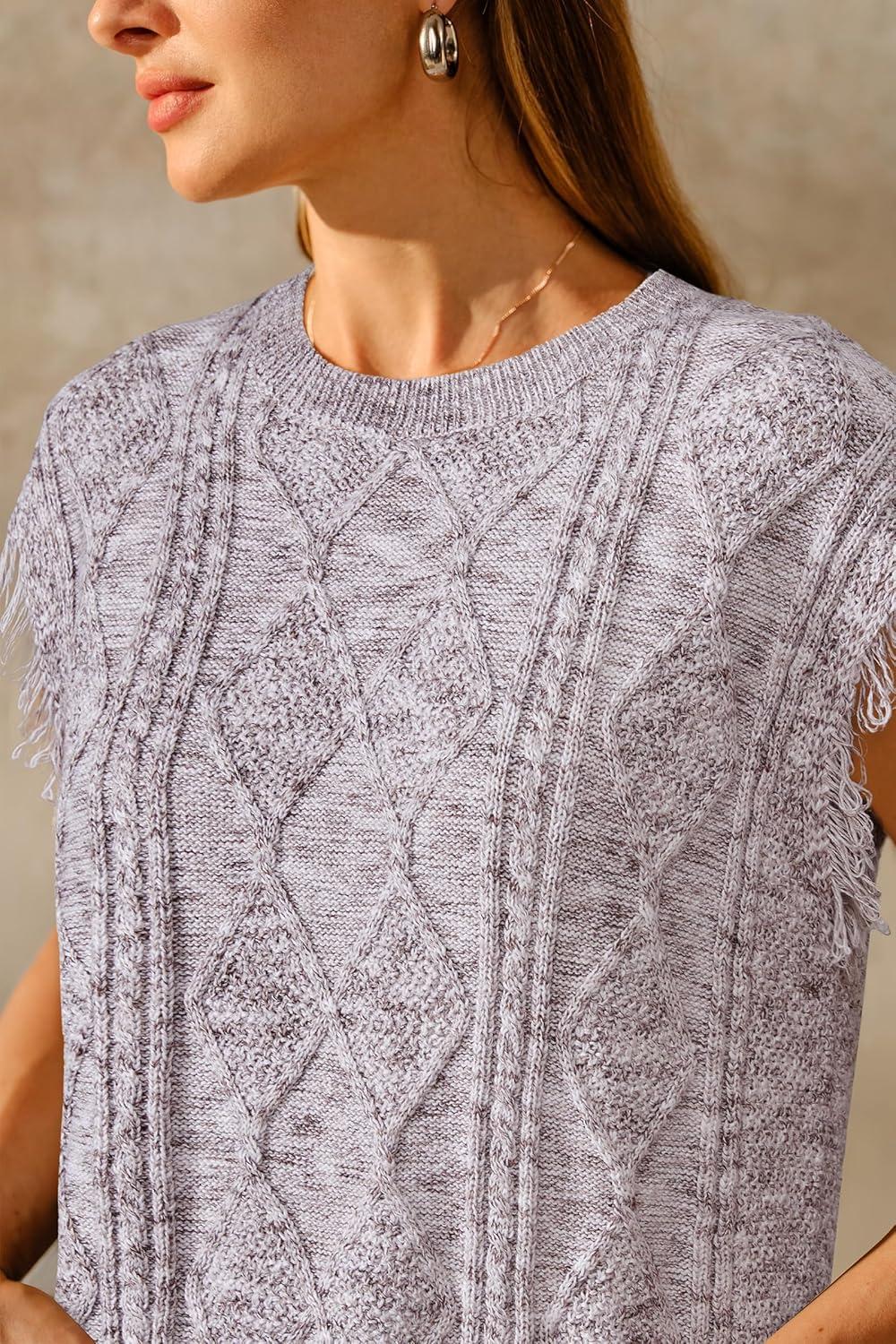 imageArachampCloz Womens Cozy Cotton Fringe Cable Knit Western Outfits Fall Sweater Vests 2025Brown and White Heather