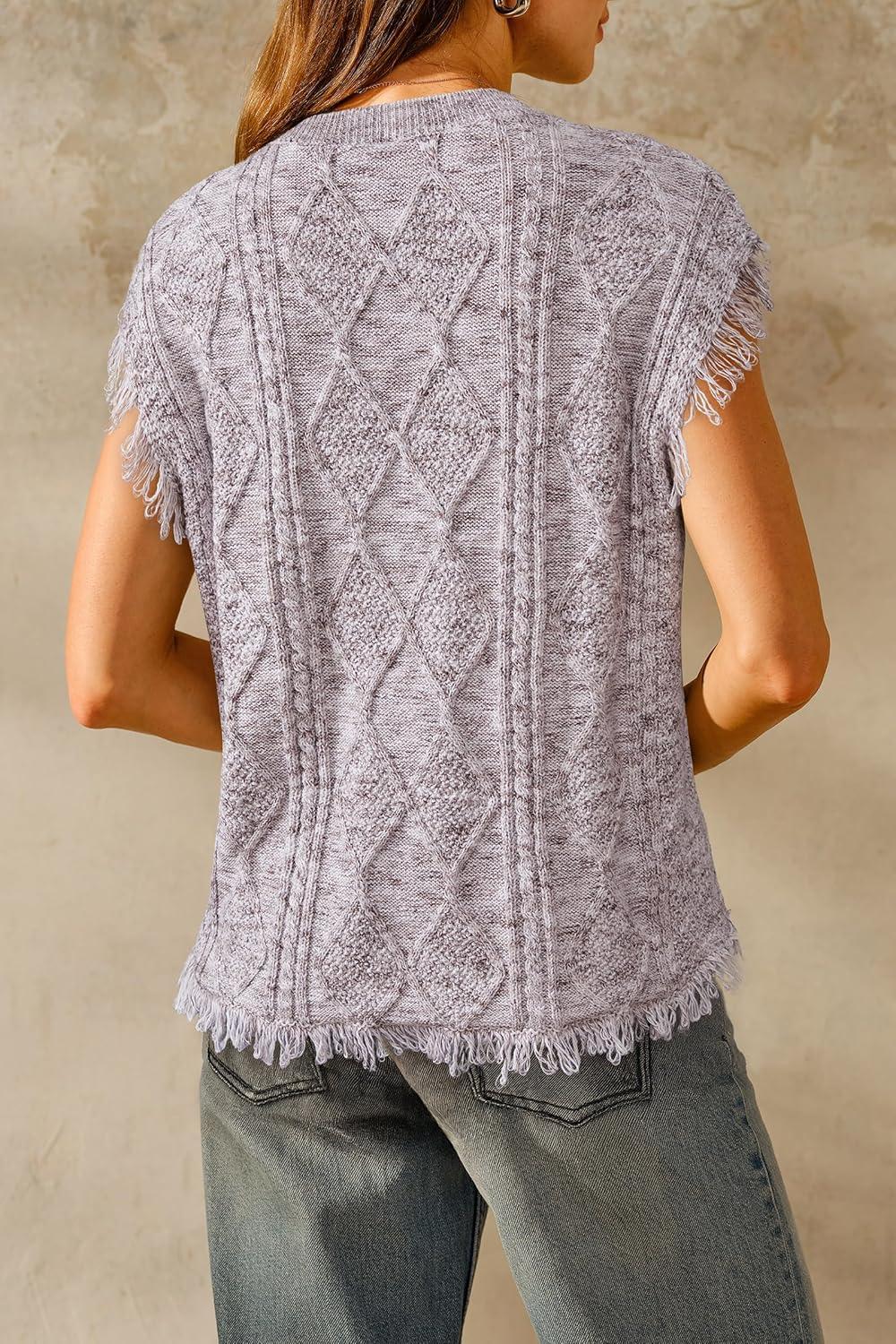 imageArachampCloz Womens Cozy Cotton Fringe Cable Knit Western Outfits Fall Sweater Vests 2025Brown and White Heather