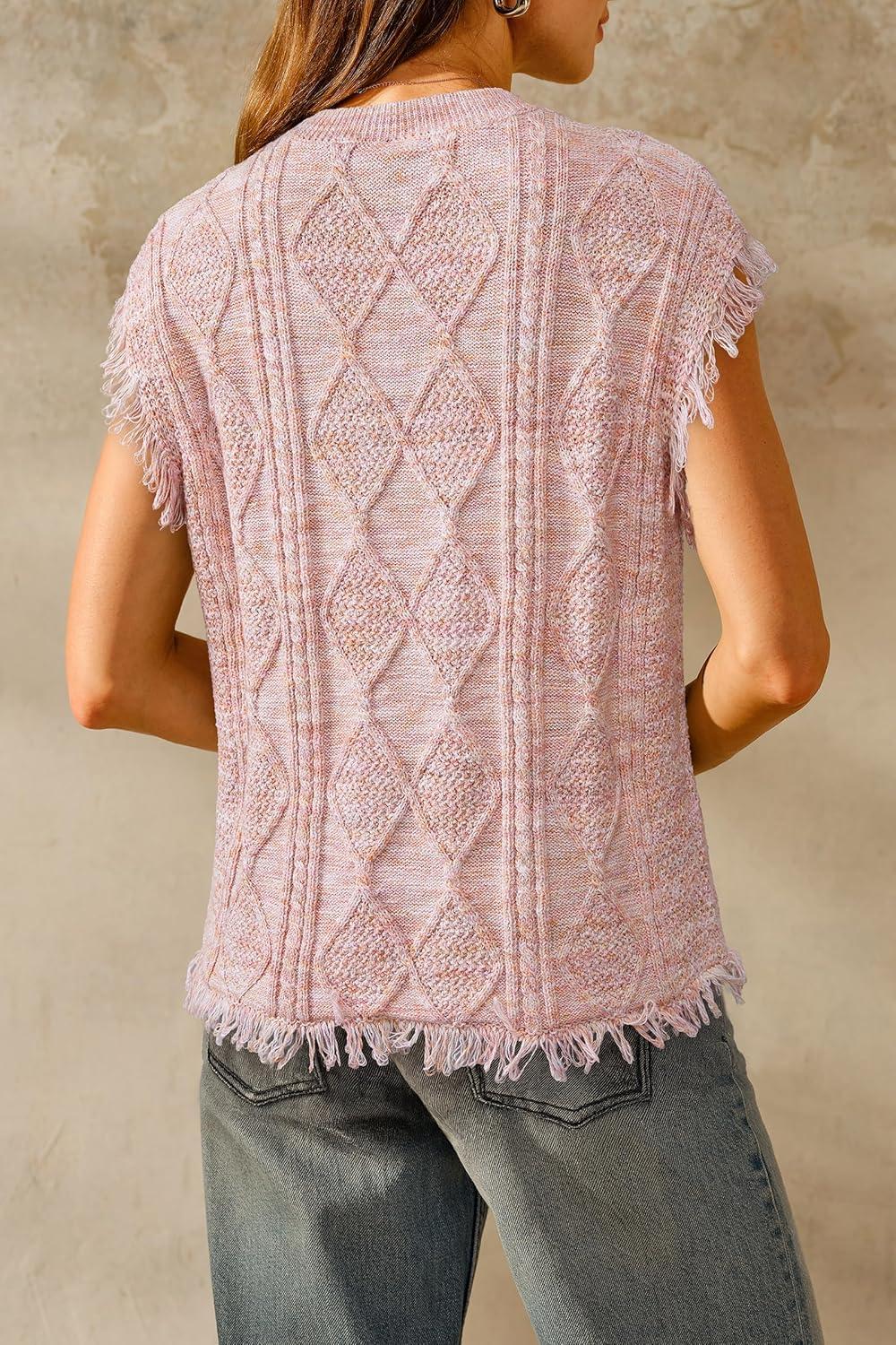 imageArachampCloz Womens Cozy Cotton Fringe Cable Knit Western Outfits Fall Sweater Vests 2025Pink Orange Heather