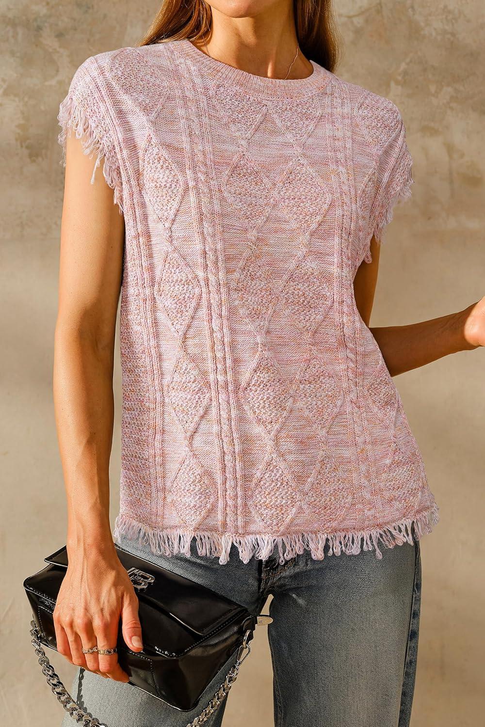 imageArachampCloz Womens Cozy Cotton Fringe Cable Knit Western Outfits Fall Sweater Vests 2025Pink Orange Heather
