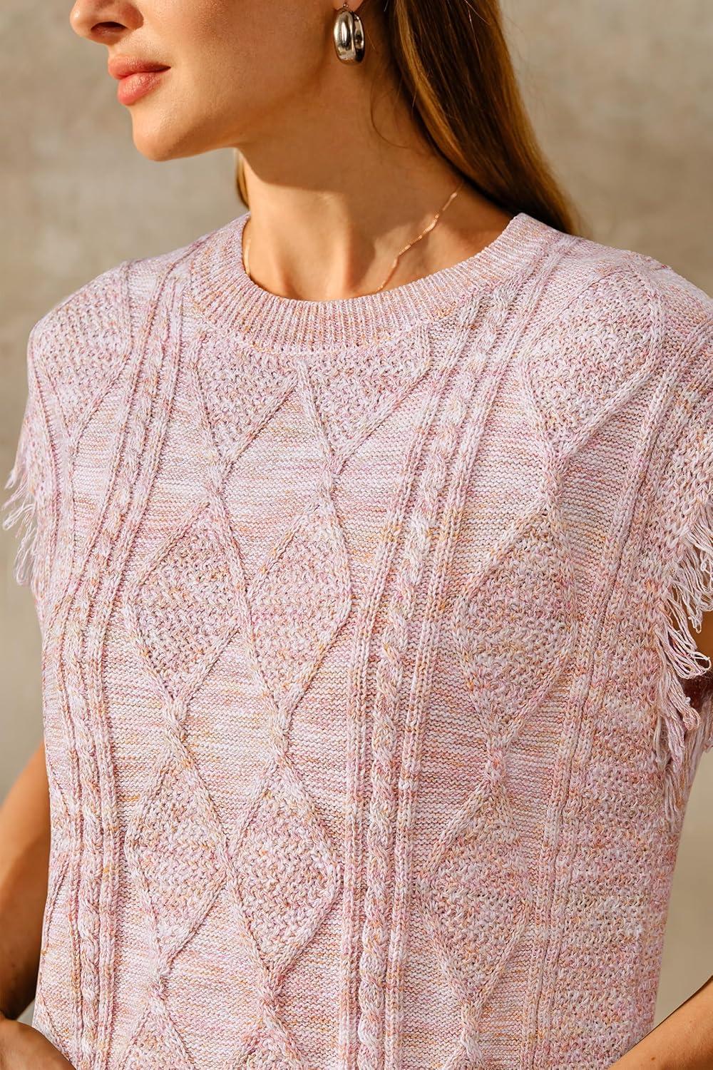 imageArachampCloz Womens Cozy Cotton Fringe Cable Knit Western Outfits Fall Sweater Vests 2025Pink Orange Heather