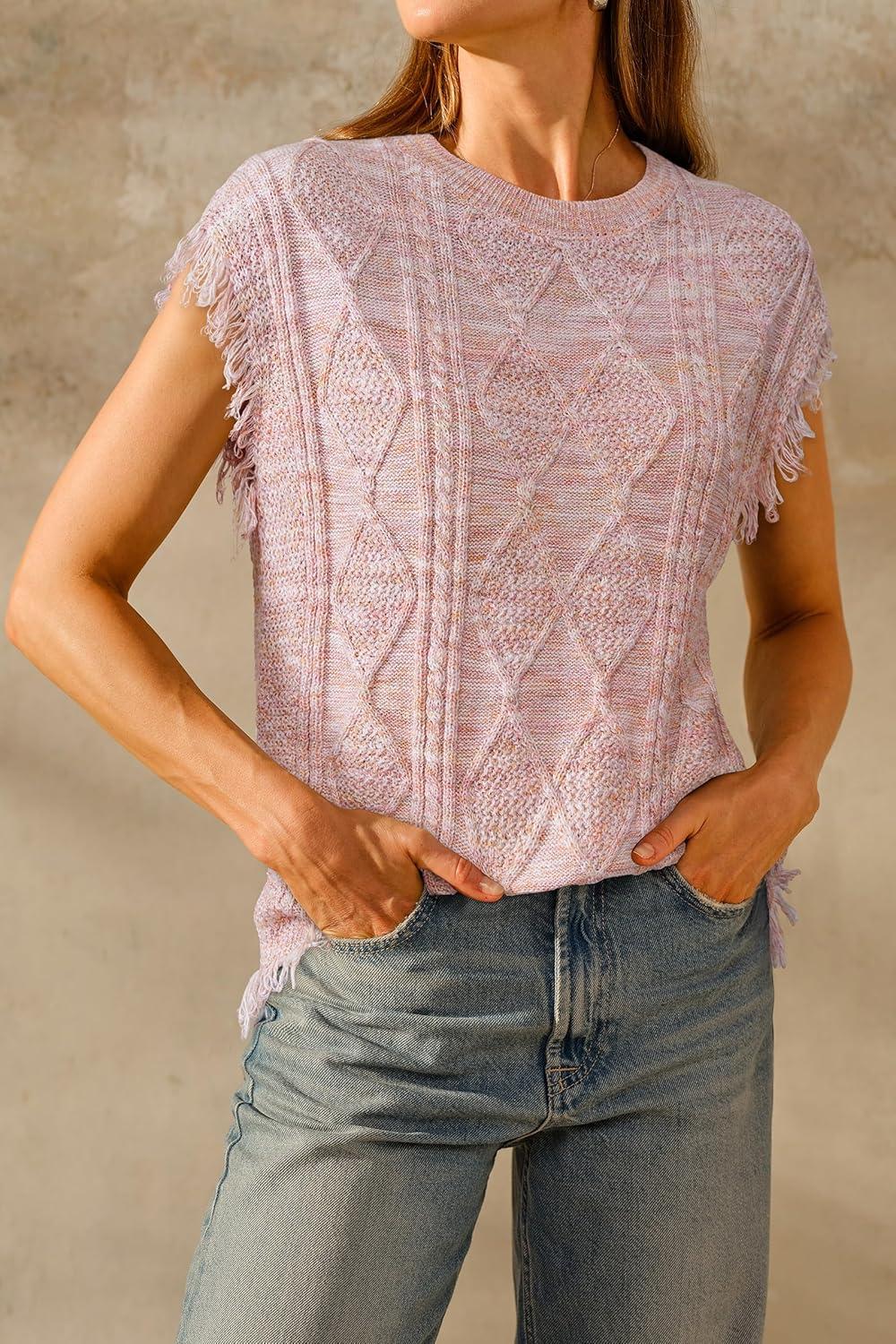 imageArachampCloz Womens Cozy Cotton Fringe Cable Knit Western Outfits Fall Sweater Vests 2025Pink Orange Heather