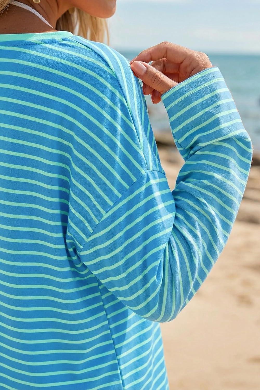 imageArachampCloz Womens Linen Blend Beach Vacation Cover Up Summer Casual Oversized Off Shoulder Tops 2026Blue Light Green Stripe