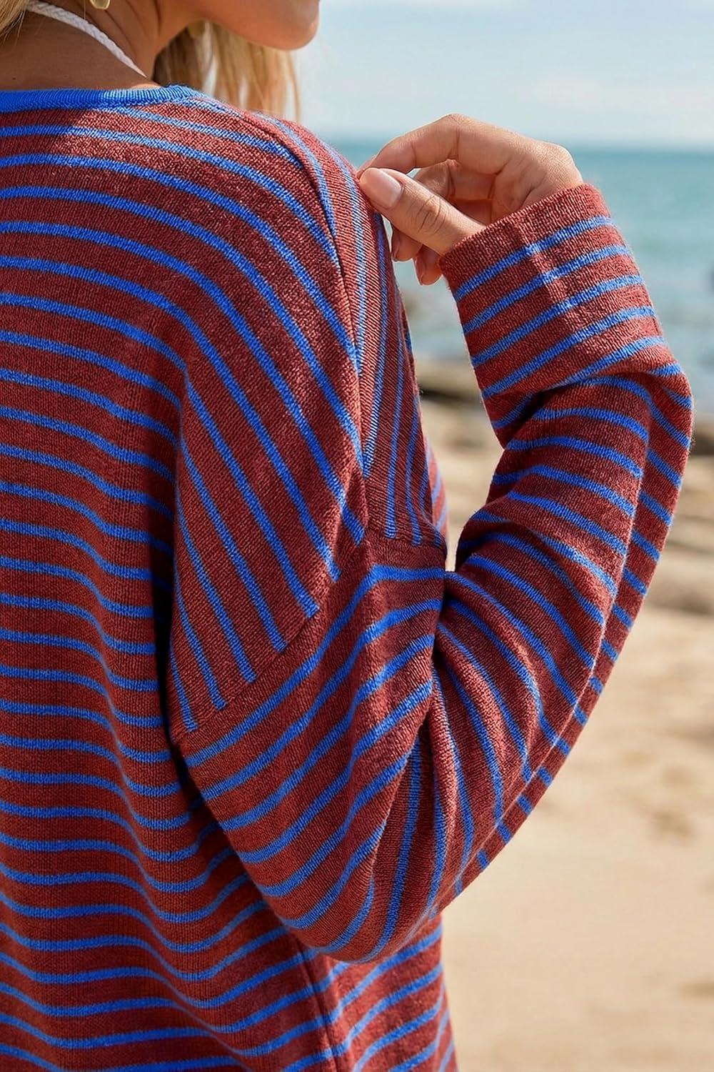 imageArachampCloz Womens Linen Blend Beach Vacation Cover Up Summer Casual Oversized Off Shoulder Tops 2026Blue Stripe