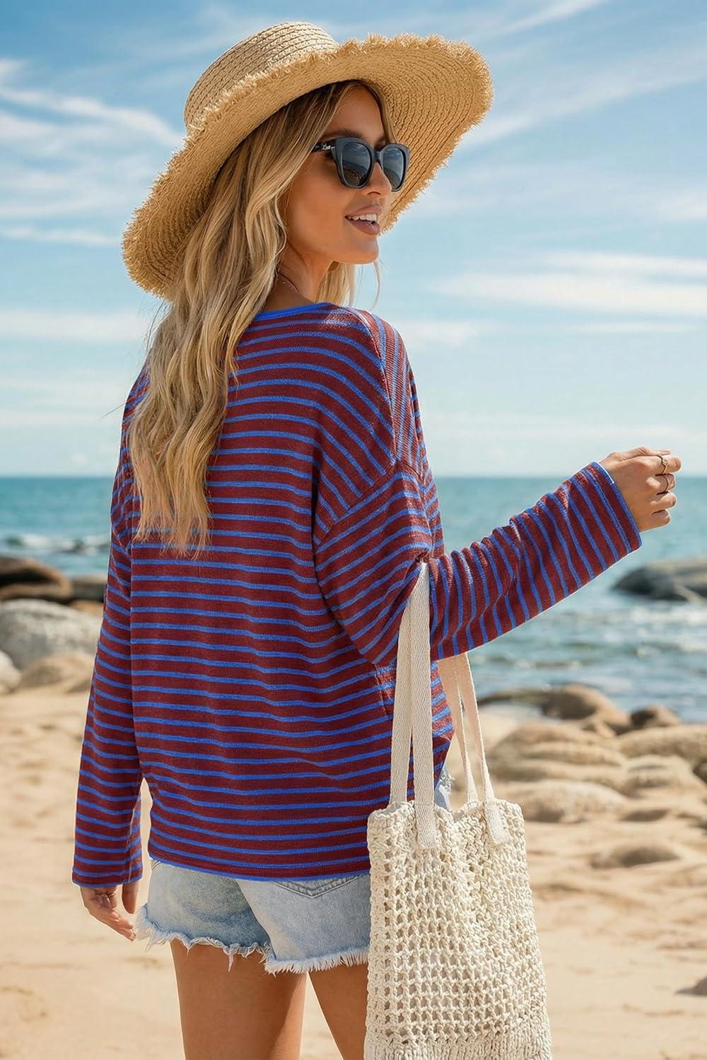imageArachampCloz Womens Linen Blend Beach Vacation Cover Up Summer Casual Oversized Off Shoulder Tops 2026Blue Stripe
