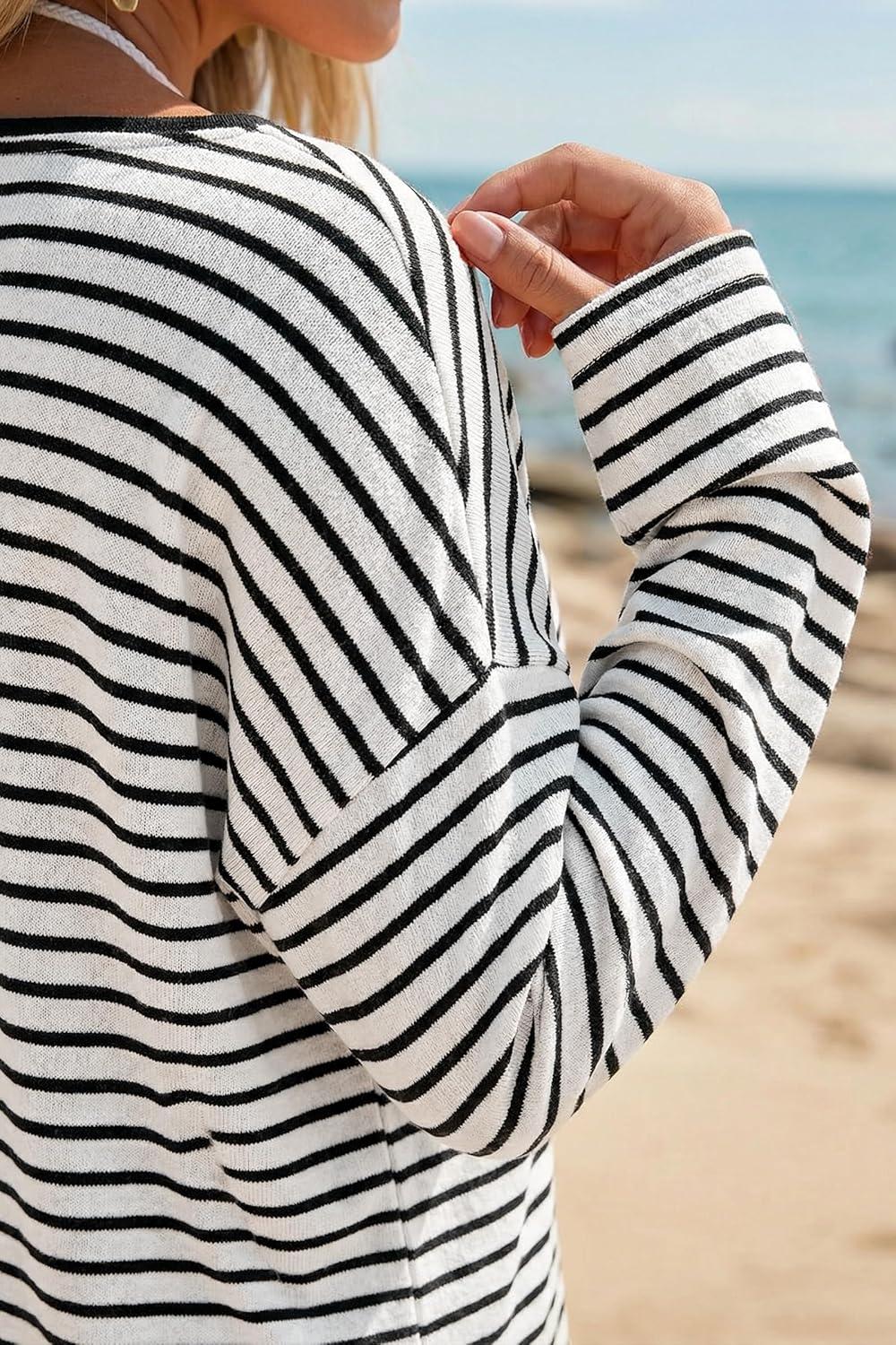 imageArachampCloz Womens Linen Blend Beach Vacation Cover Up Summer Casual Oversized Off Shoulder Tops 2026White Black Stripe