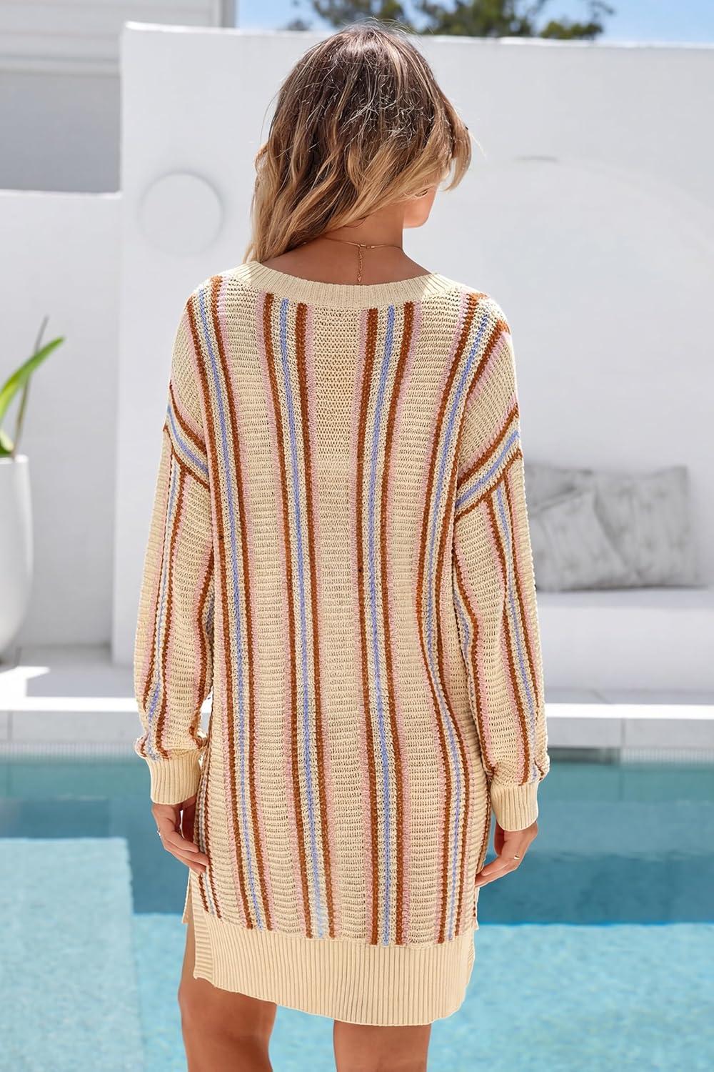 imageArachampCloz Womens Linen Blend Summer Swim Suit Cover Up V Neck Crochet Dress Striped Beach Vacation Outfits 2026Apricot Stripe