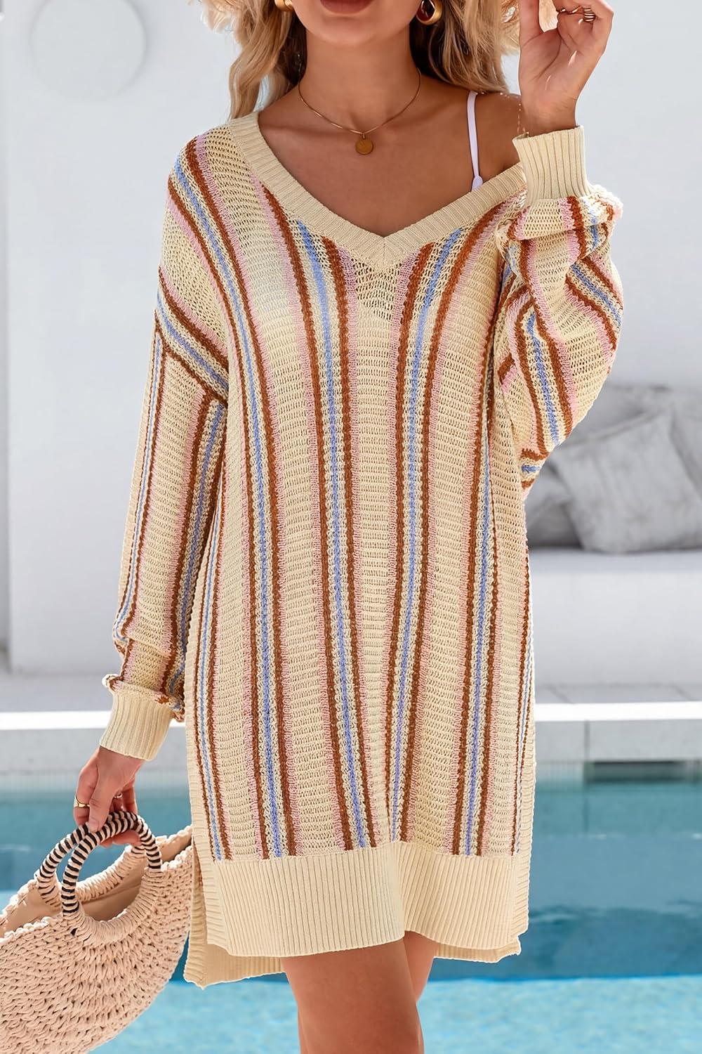 imageArachampCloz Womens Linen Blend Summer Swim Suit Cover Up V Neck Crochet Dress Striped Beach Vacation Outfits 2026Apricot Stripe