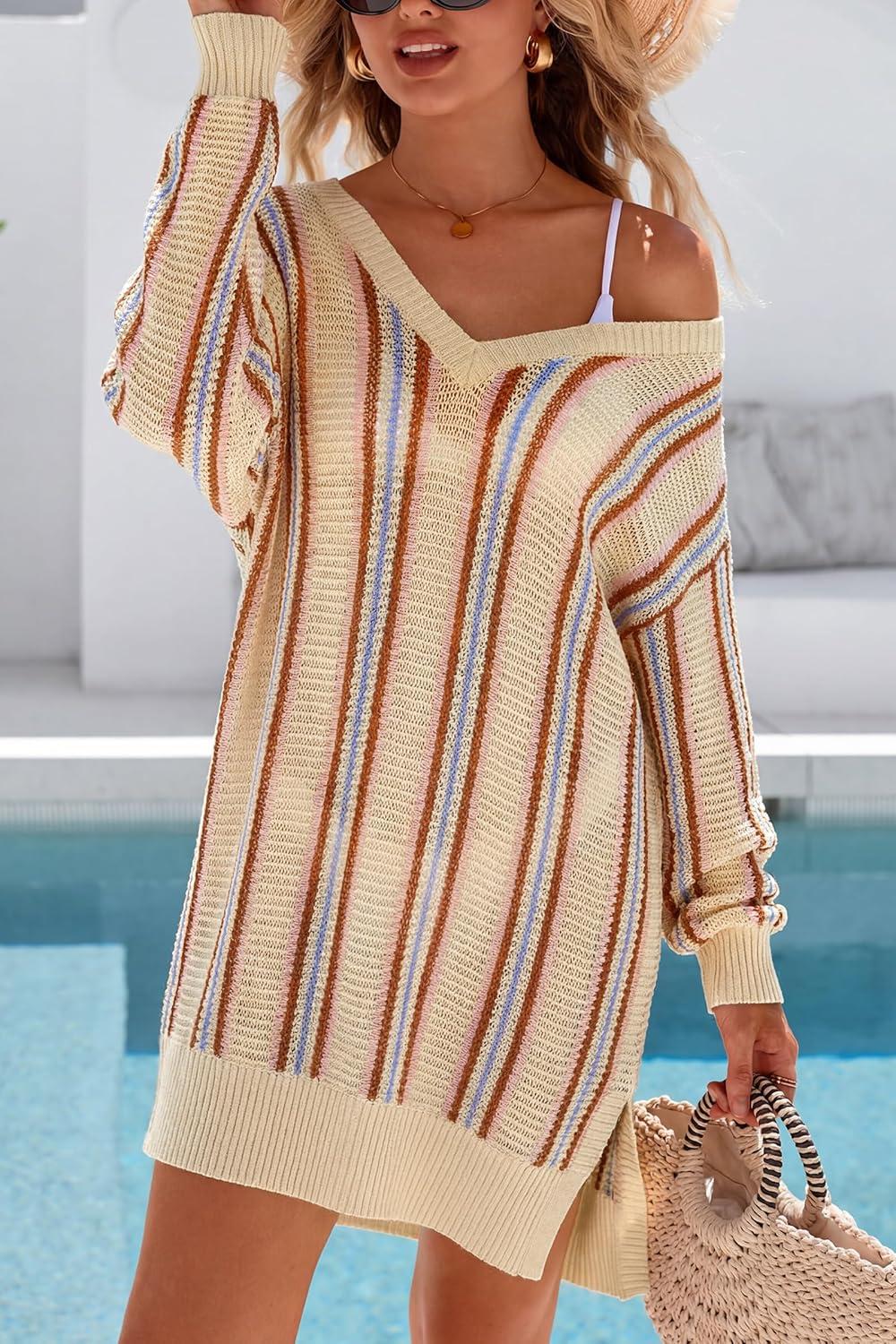 imageArachampCloz Womens Linen Blend Summer Swim Suit Cover Up V Neck Crochet Dress Striped Beach Vacation Outfits 2026Apricot Stripe