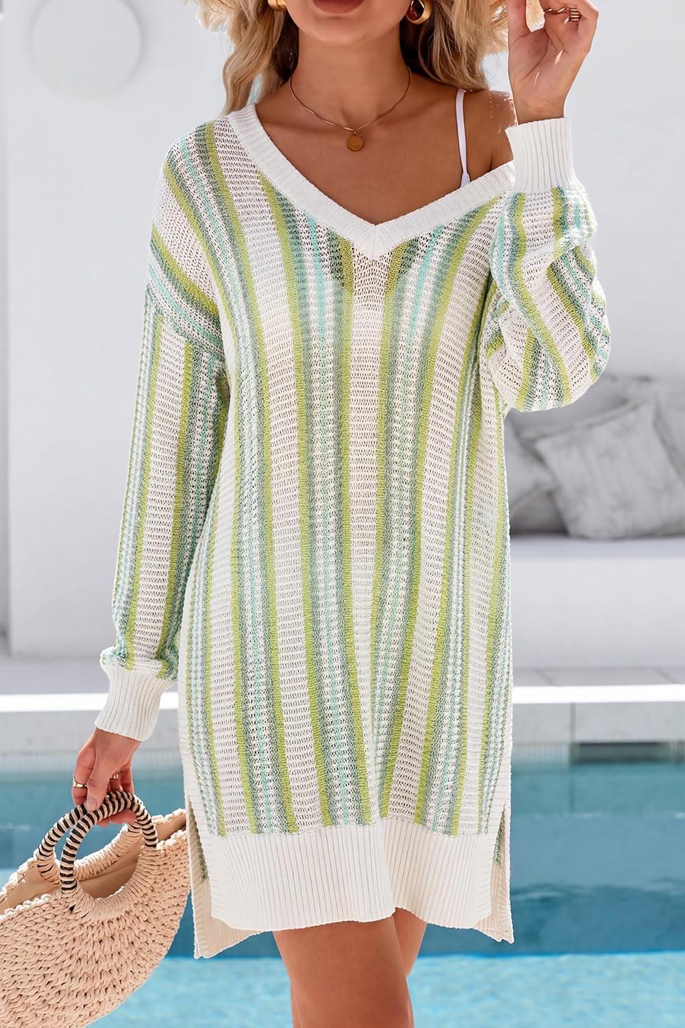 imageArachampCloz Womens Linen Blend Summer Swim Suit Cover Up V Neck Crochet Dress Striped Beach Vacation Outfits 2026Green Stripe
