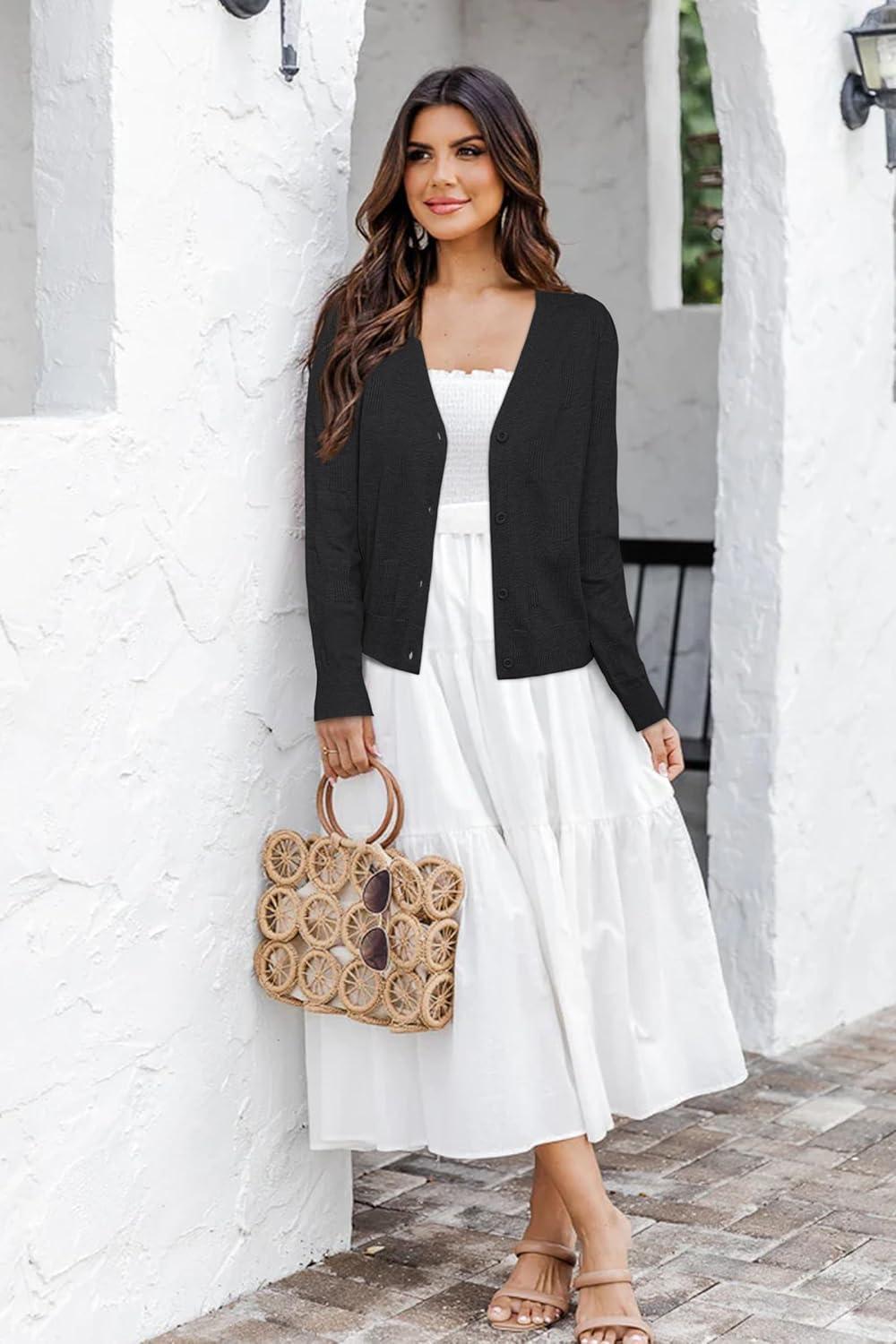 imageArachampCloz Womens Soft Cropped Cardigan Casual Lightweight Shrug Sweater TopsBlack