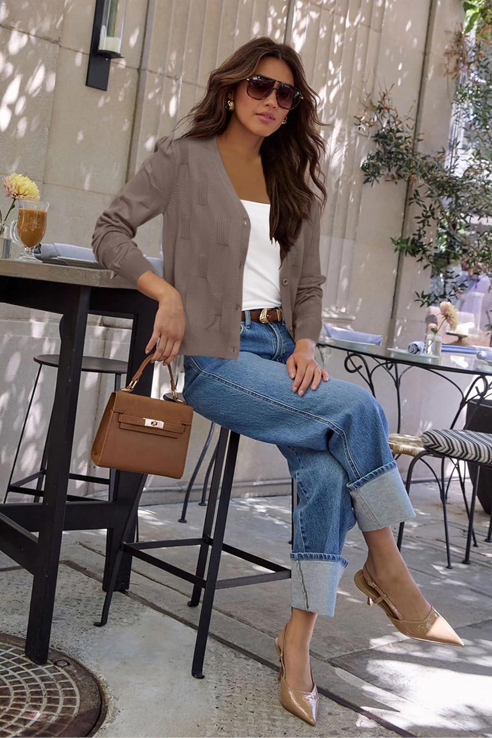 imageArachampCloz Womens Soft Cropped Cardigan Casual Lightweight Shrug Sweater TopsCamel