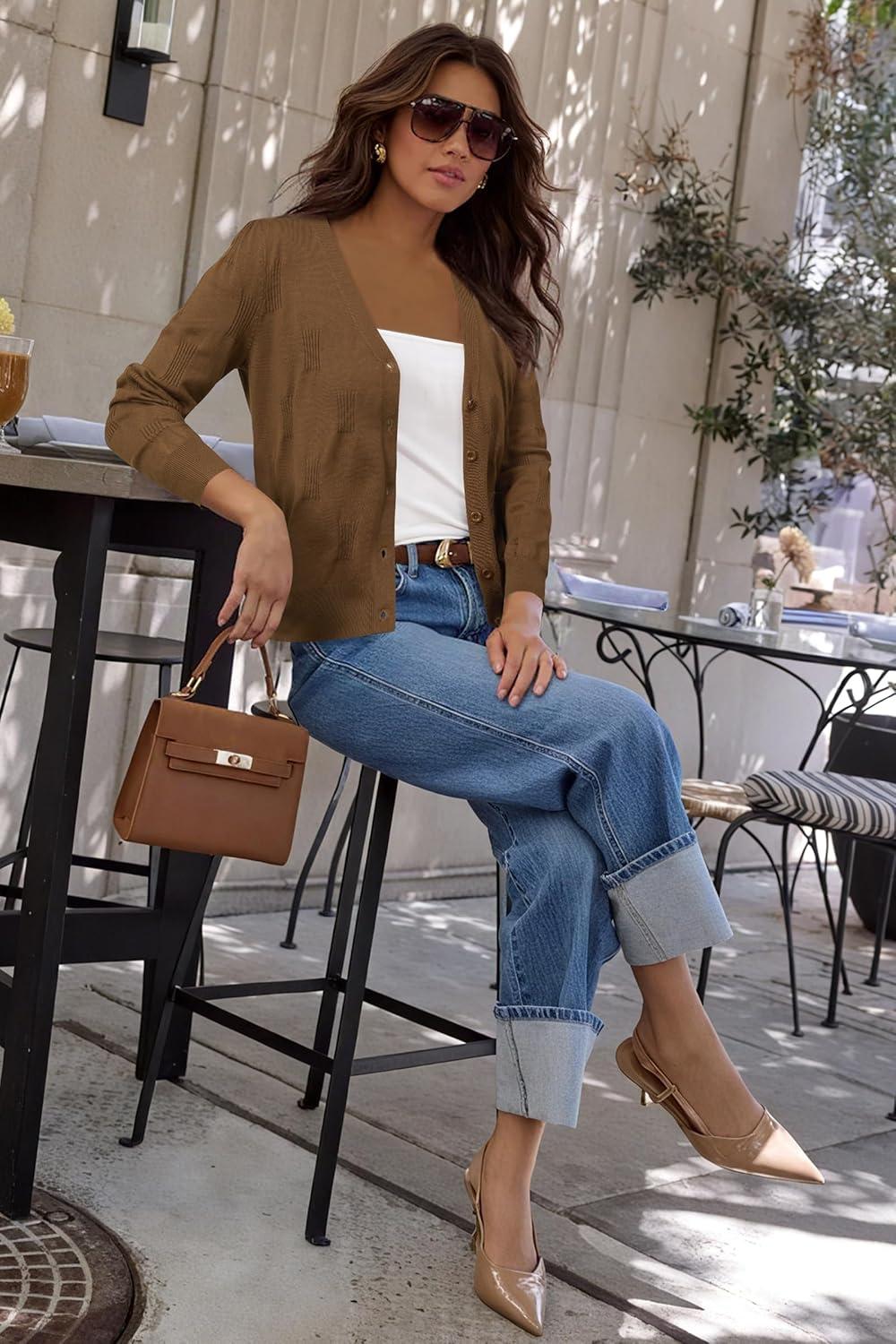 imageArachampCloz Womens Soft Cropped Cardigan Casual Lightweight Shrug Sweater TopsCoffee
