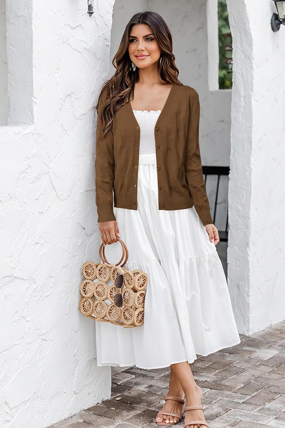 imageArachampCloz Womens Soft Cropped Cardigan Casual Lightweight Shrug Sweater TopsCoffee