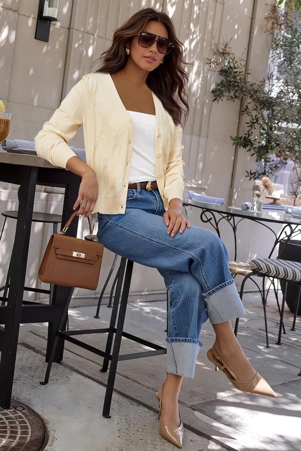 imageArachampCloz Womens Soft Cropped Cardigan Casual Lightweight Shrug Sweater TopsLight Apricot