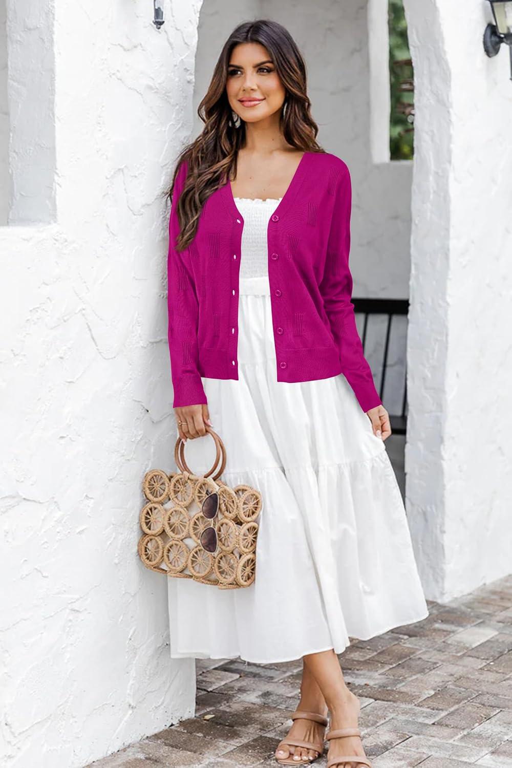 imageArachampCloz Womens Soft Cropped Cardigan Casual Lightweight Shrug Sweater TopsMagenta Pink