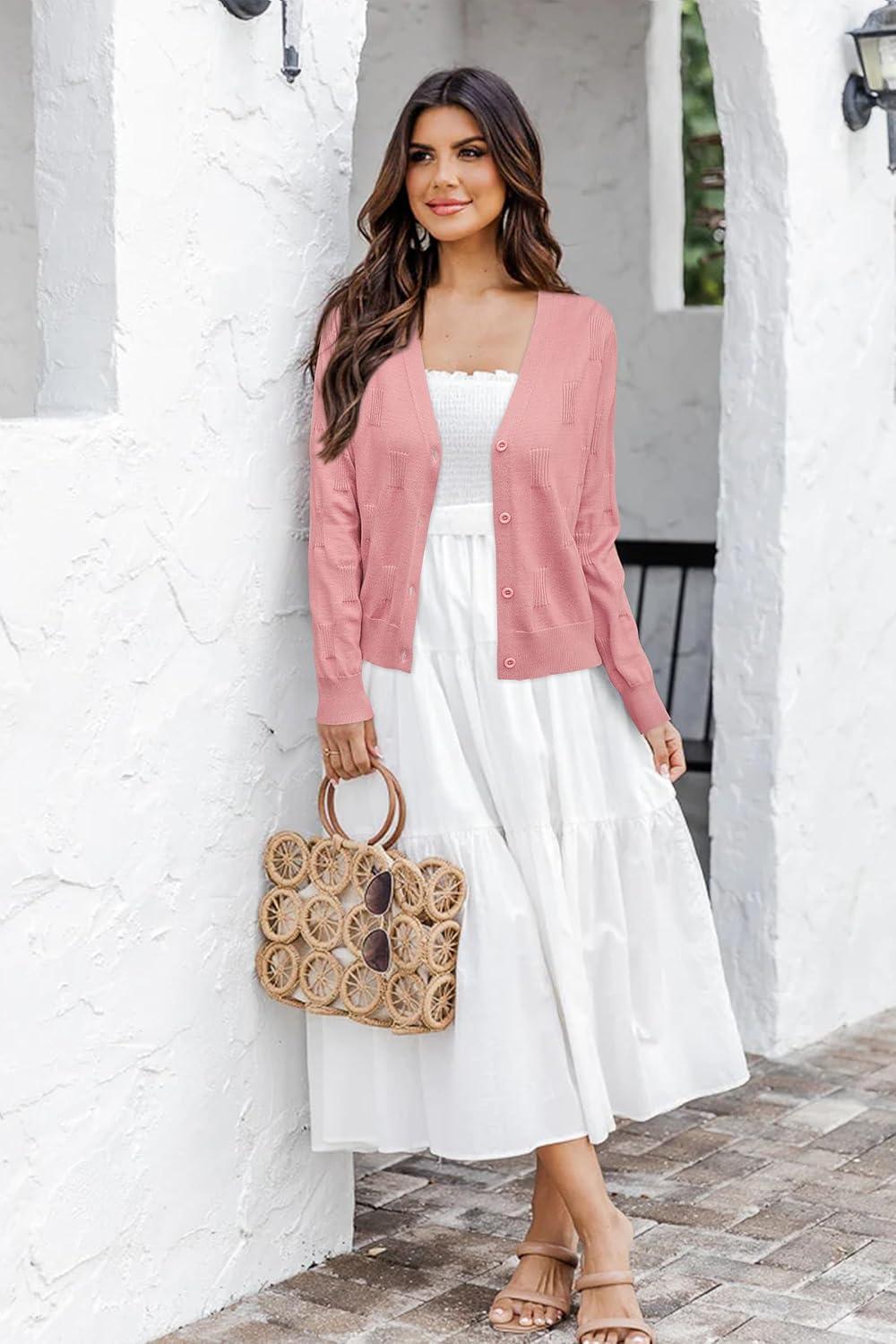 imageArachampCloz Womens Soft Cropped Cardigan Casual Lightweight Shrug Sweater TopsPink
