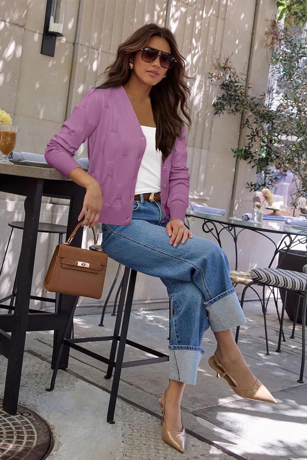 imageArachampCloz Womens Soft Cropped Cardigan Casual Lightweight Shrug Sweater TopsPurple