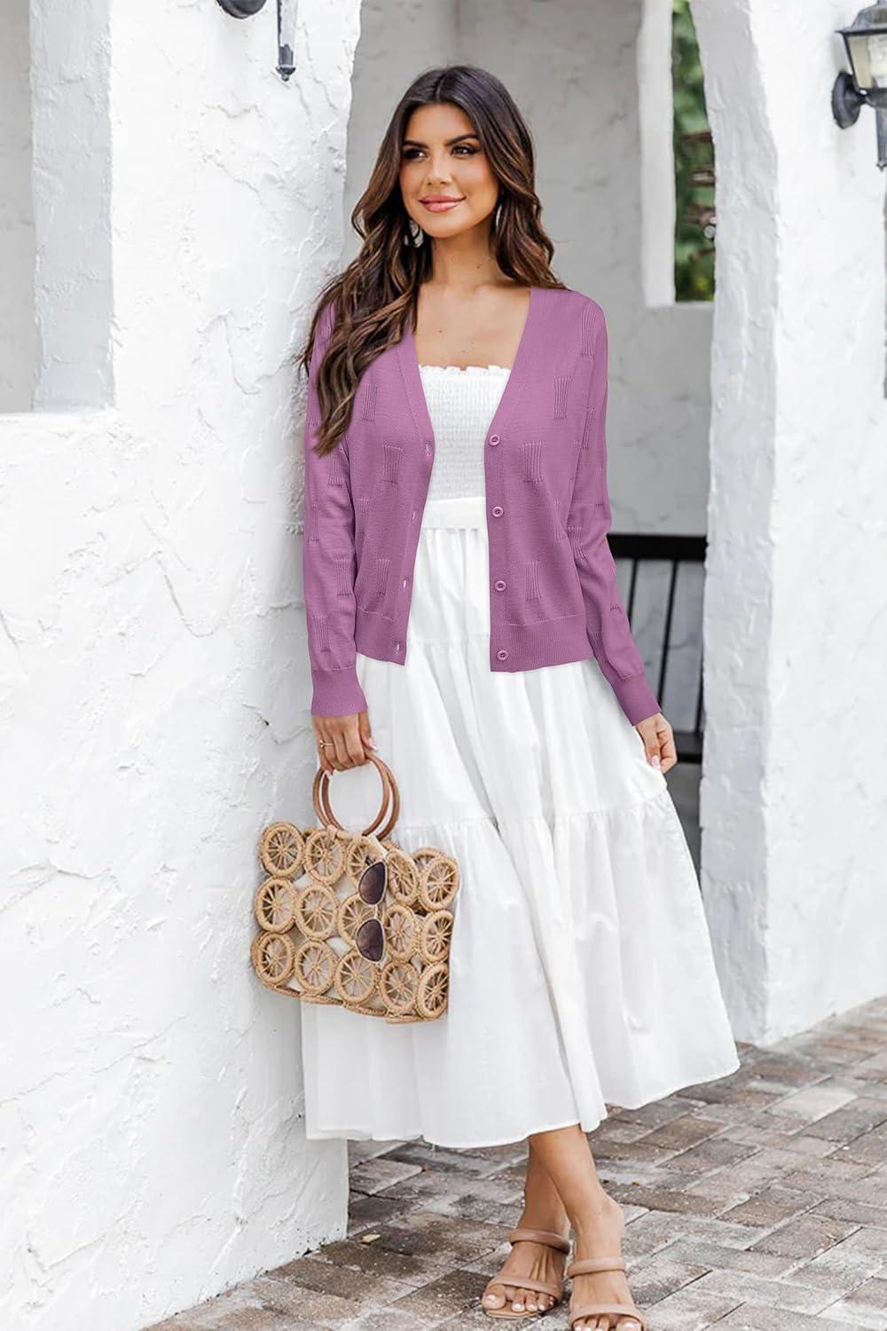 imageArachampCloz Womens Soft Cropped Cardigan Casual Lightweight Shrug Sweater TopsPurple