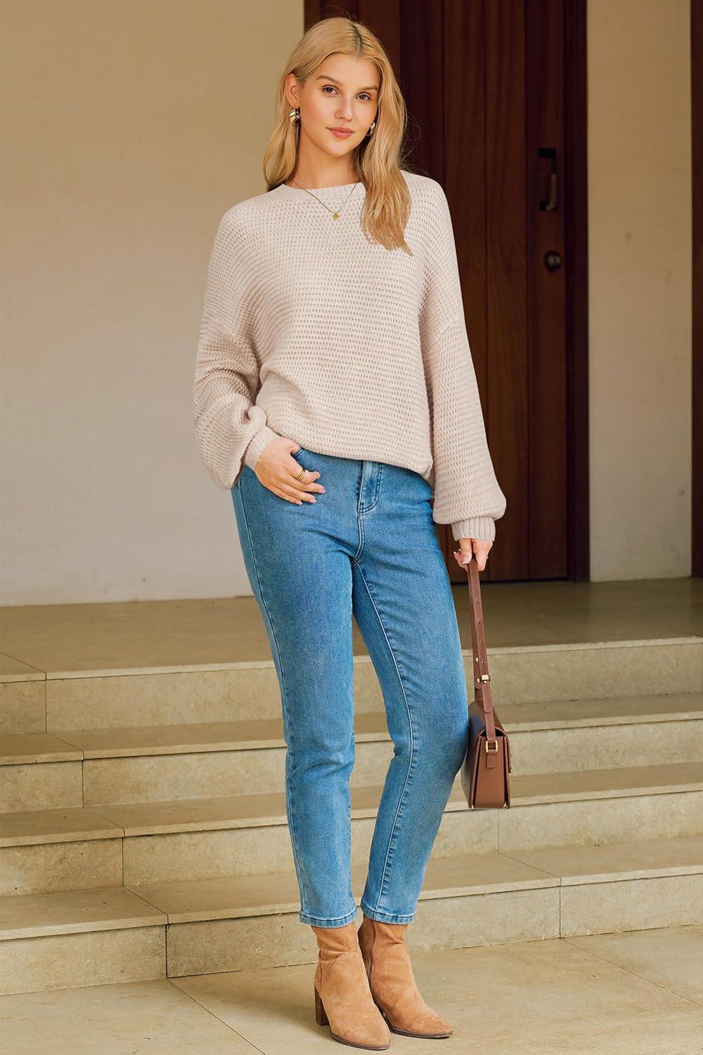 imageArachampCloz Womens Wool Blend Crewneck Fall Trendy Oversized Waffle Sweaters 2025Apricot