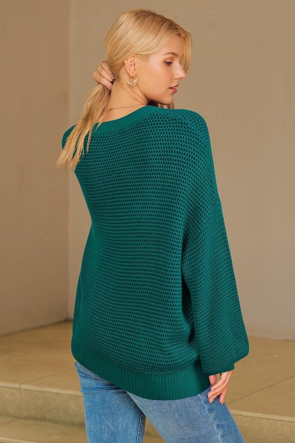 imageArachampCloz Womens Wool Blend Crewneck Fall Trendy Oversized Waffle Sweaters 2025Dark Green