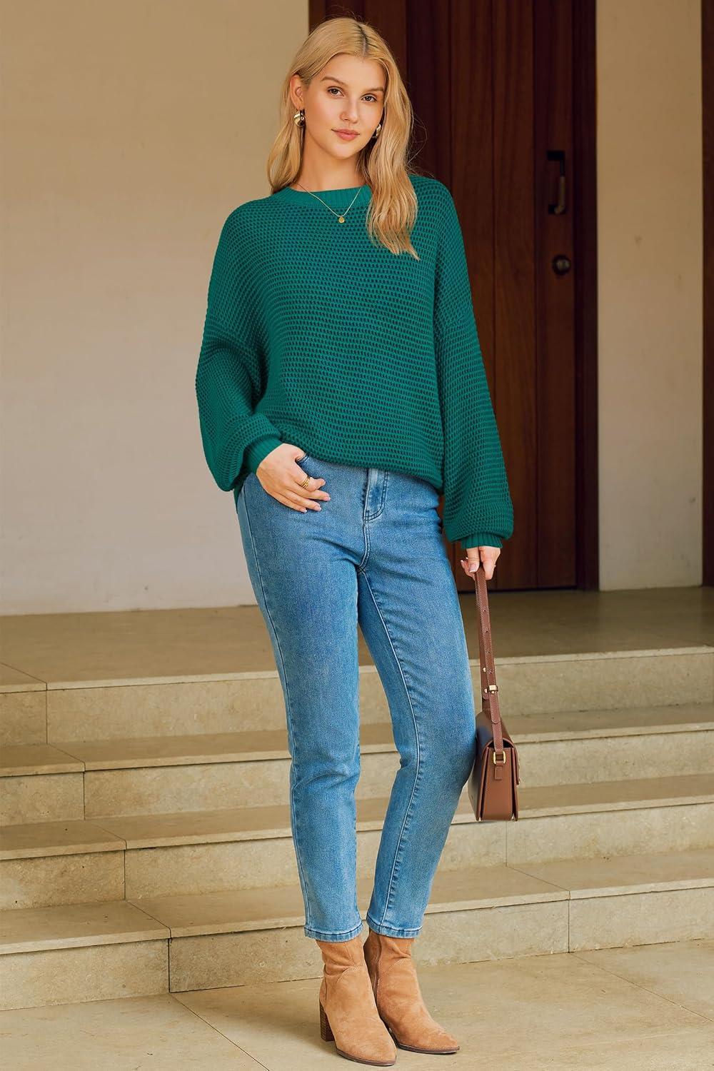 imageArachampCloz Womens Wool Blend Crewneck Fall Trendy Oversized Waffle Sweaters 2025Dark Green