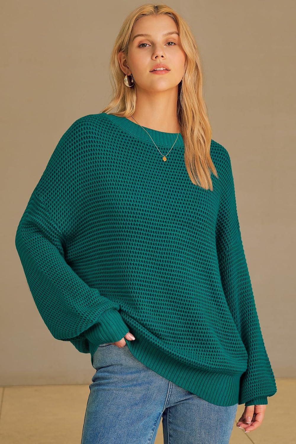 imageArachampCloz Womens Wool Blend Crewneck Fall Trendy Oversized Waffle Sweaters 2025Dark Green