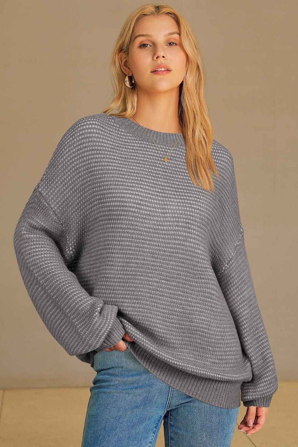 imageArachampCloz Womens Wool Blend Crewneck Fall Trendy Oversized Waffle Sweaters 2025Gray