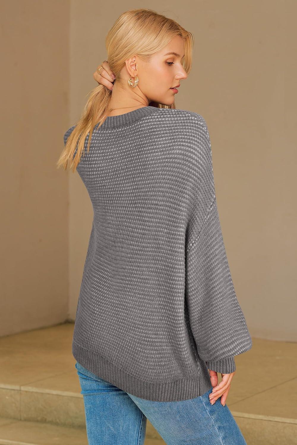 imageArachampCloz Womens Wool Blend Crewneck Fall Trendy Oversized Waffle Sweaters 2025Gray