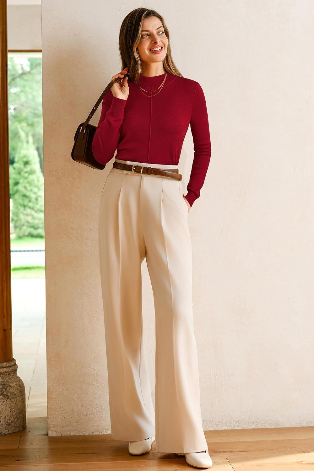 imageArachampCloz Womens Wool Blend Fall Sweaters Mock Neck Business Casual OutfitsBurgundy Red