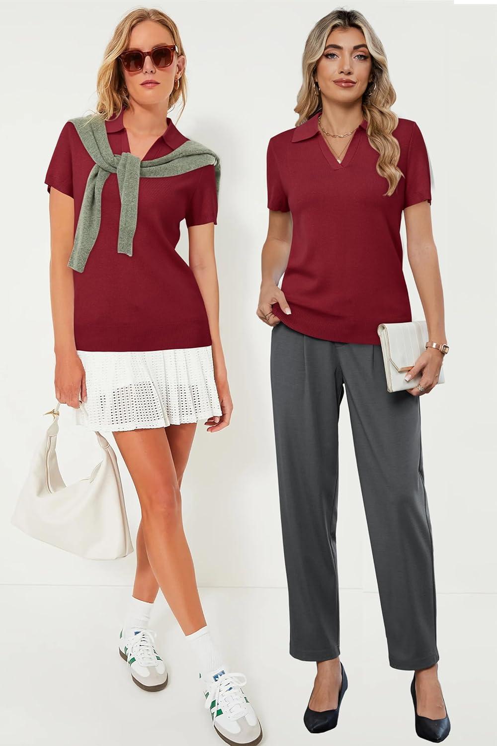 imageArachampCloz Womens Wool Blend Knit Spring Summer Business Casual Lightweight Short Sleeve Sweater Pullover 2026Burgundy Red