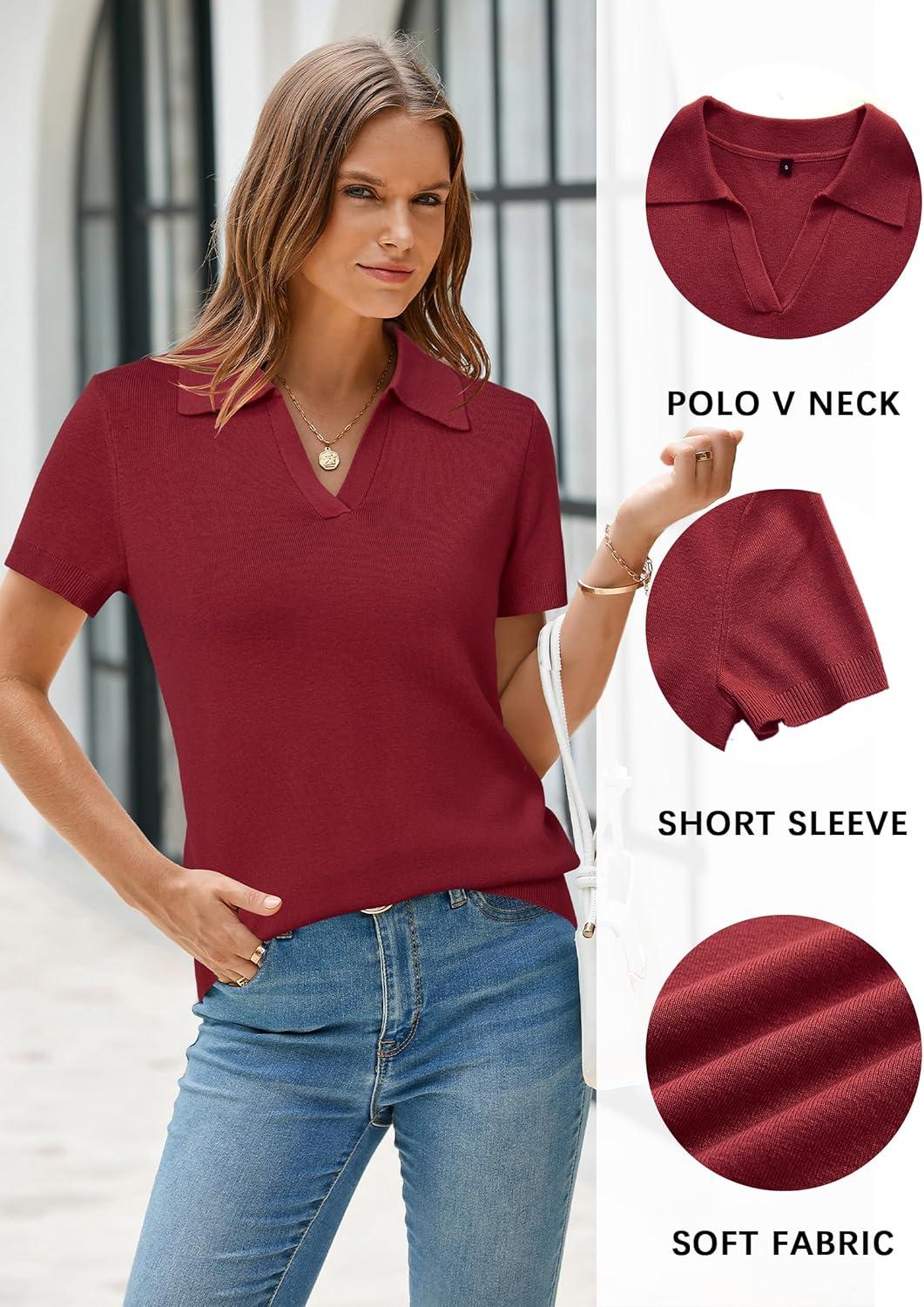 imageArachampCloz Womens Wool Blend Knit Spring Summer Business Casual Lightweight Short Sleeve Sweater Pullover 2026Burgundy Red