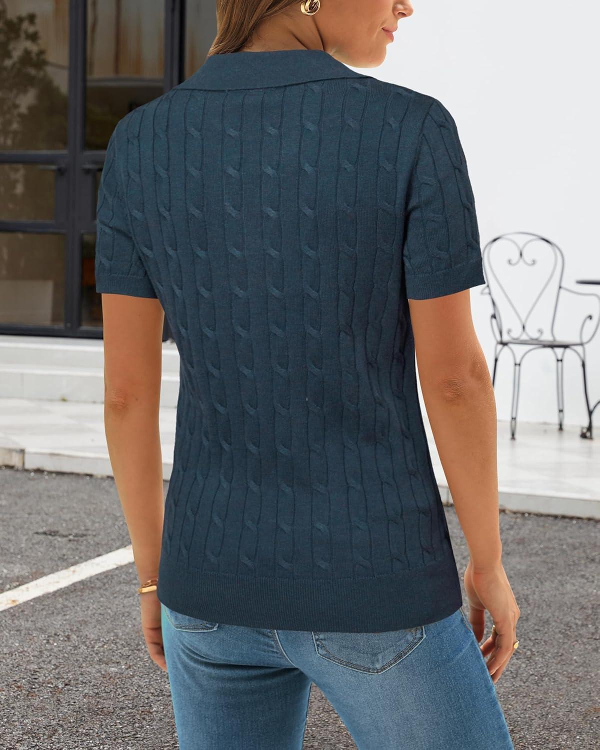 imageArachampCloz Womens Wool Blend Knit Spring Summer Business Casual Lightweight Short Sleeve Sweater Pullover 2026Cable Knitdark Blue