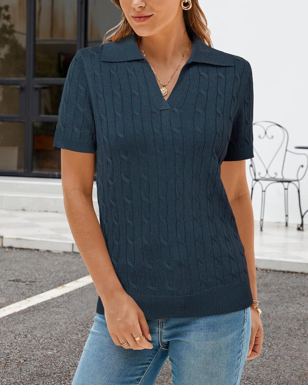 imageArachampCloz Womens Wool Blend Knit Spring Summer Business Casual Lightweight Short Sleeve Sweater Pullover 2026Cable Knitdark Blue
