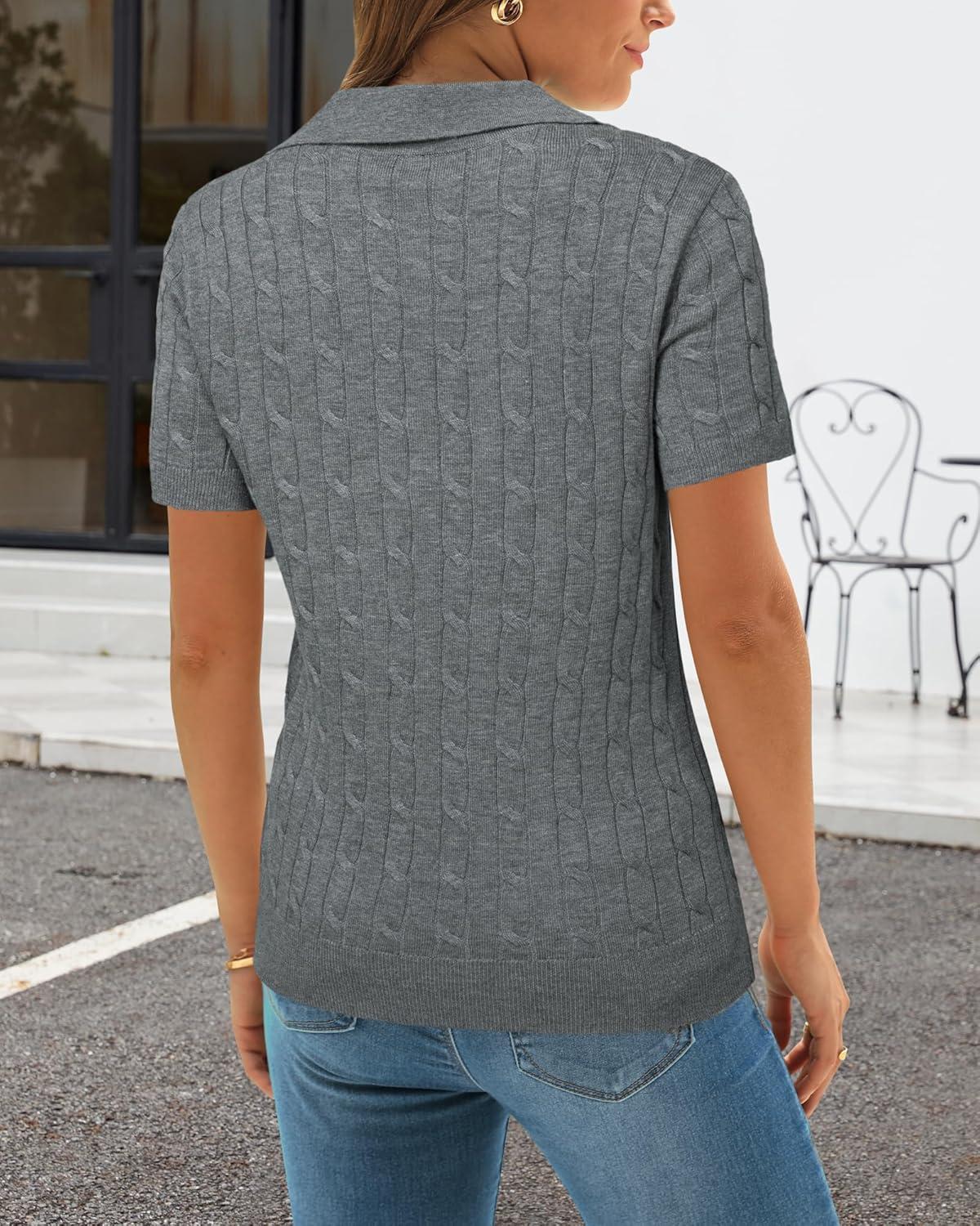 imageArachampCloz Womens Wool Blend Knit Spring Summer Business Casual Lightweight Short Sleeve Sweater Pullover 2026Cable Knitgrey