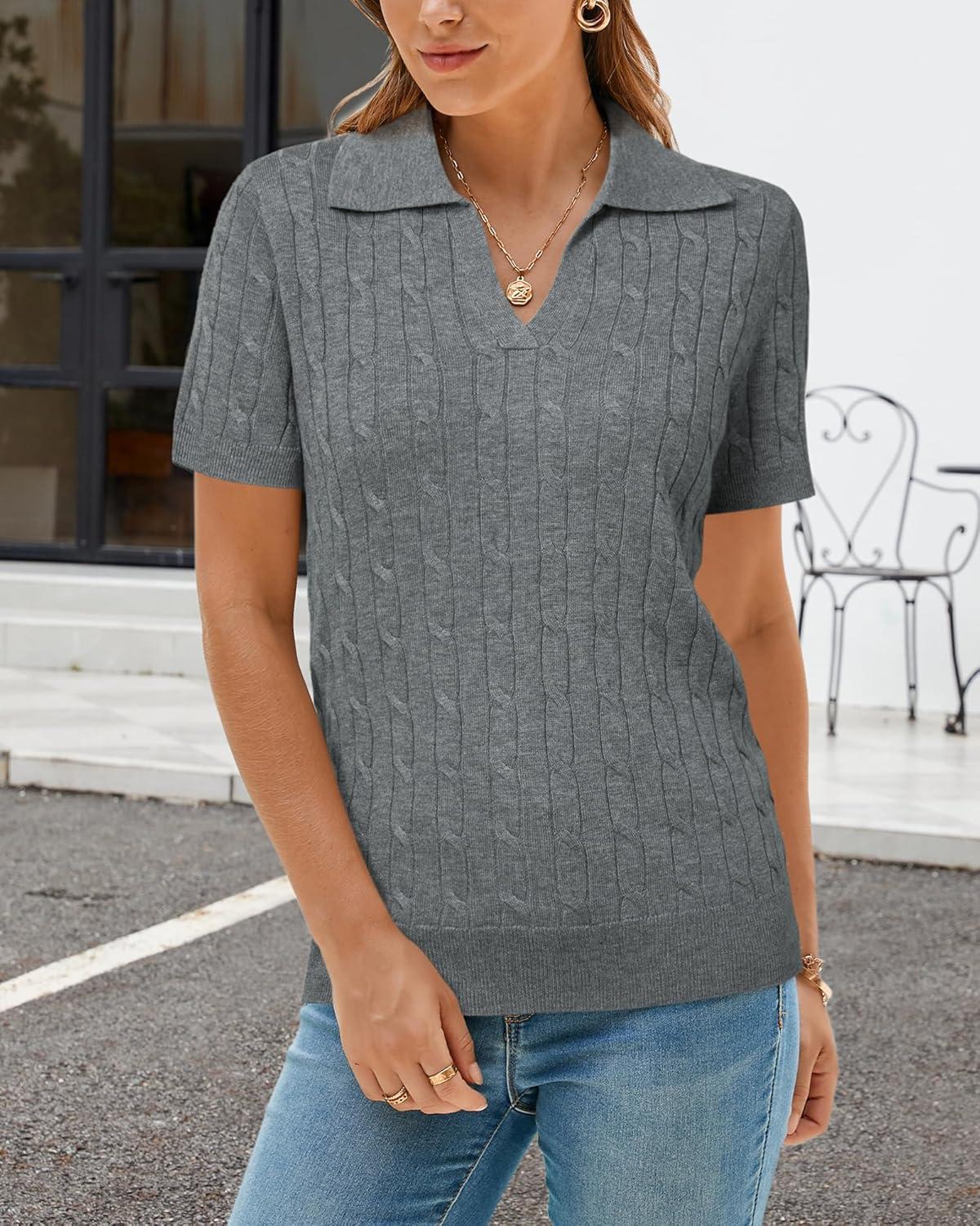 imageArachampCloz Womens Wool Blend Knit Spring Summer Business Casual Lightweight Short Sleeve Sweater Pullover 2026Cable Knitgrey