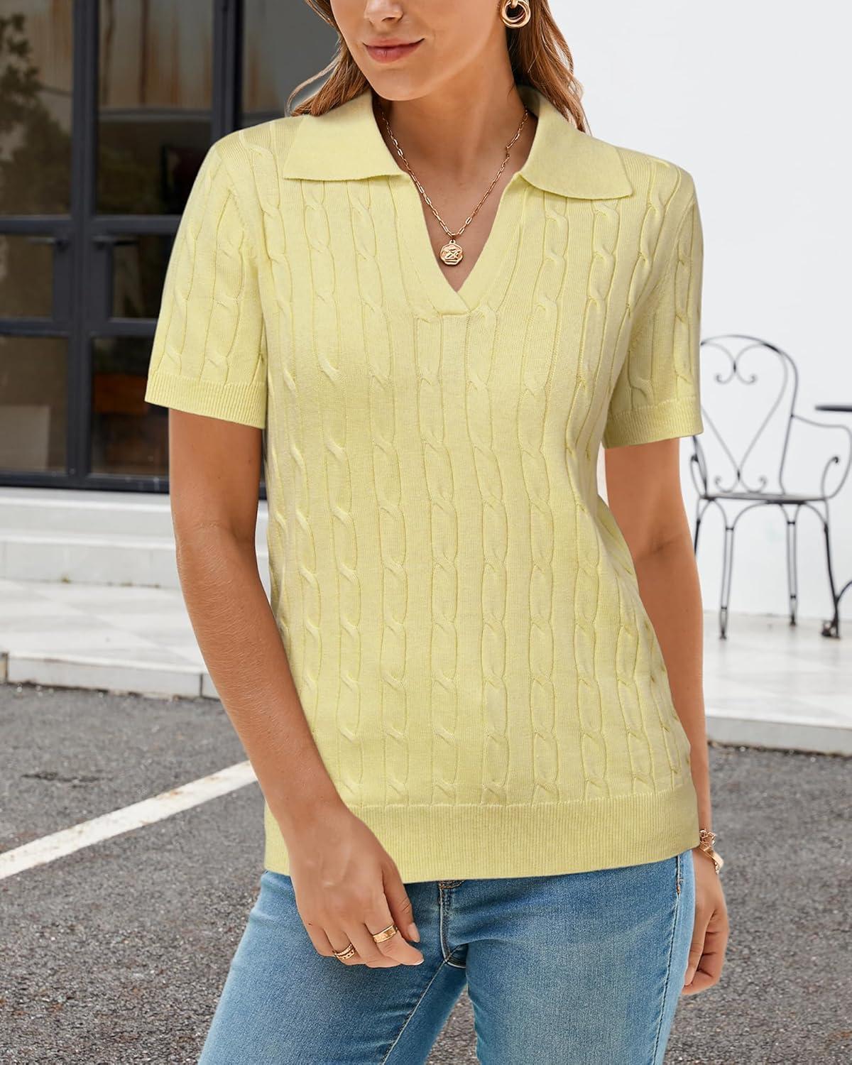 imageArachampCloz Womens Wool Blend Knit Spring Summer Business Casual Lightweight Short Sleeve Sweater Pullover 2026Cable Knityellow