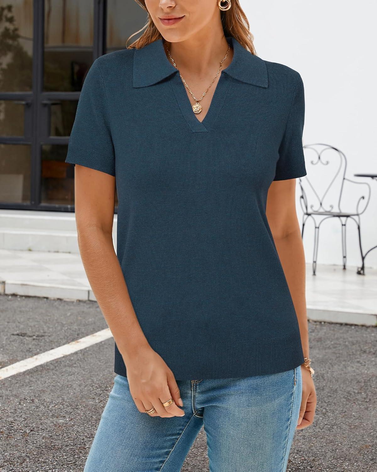 imageArachampCloz Womens Wool Blend Knit Spring Summer Business Casual Lightweight Short Sleeve Sweater Pullover 2026Dark Blue