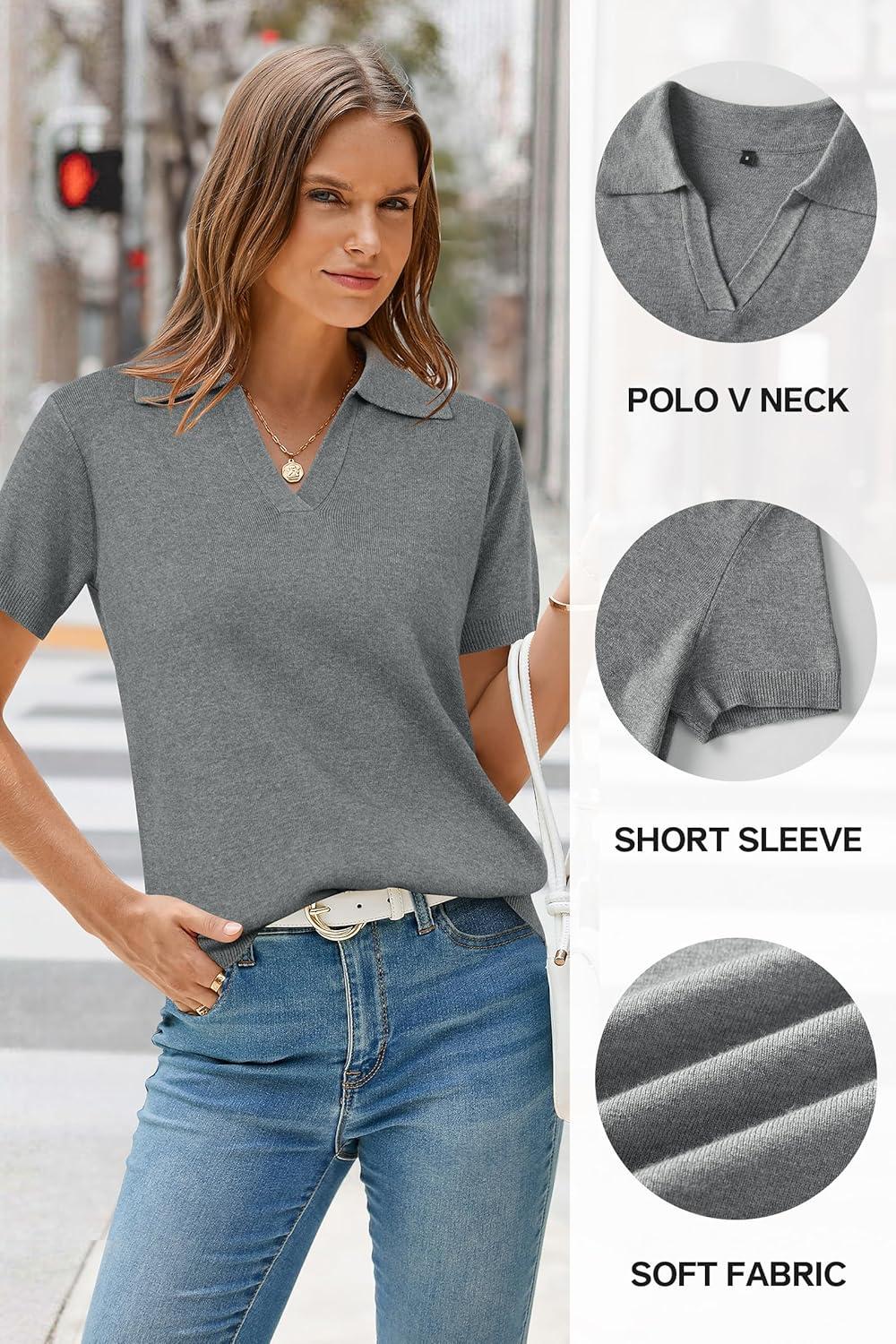 imageArachampCloz Womens Wool Blend Knit Spring Summer Business Casual Lightweight Short Sleeve Sweater Pullover 2026Grey