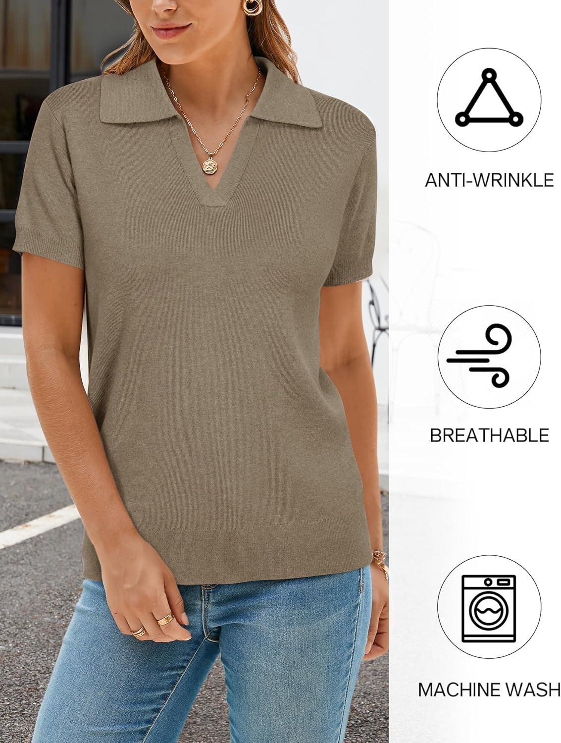 imageArachampCloz Womens Wool Blend Knit Spring Summer Business Casual Lightweight Short Sleeve Sweater Pullover 2026Khaki