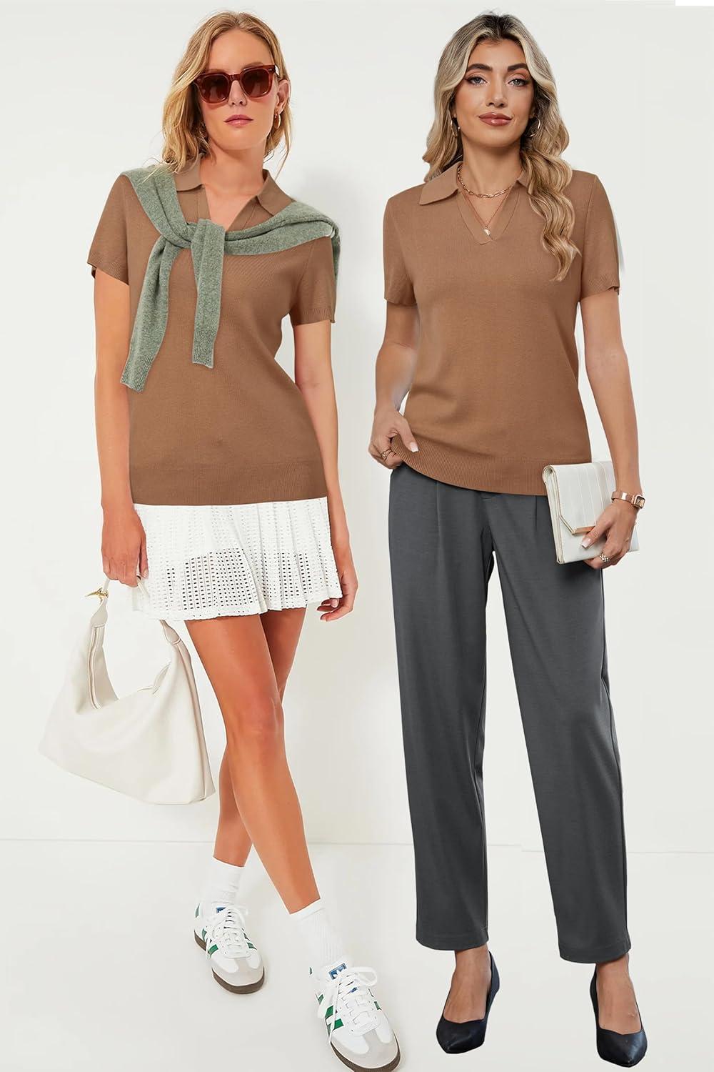 imageArachampCloz Womens Wool Blend Knit Spring Summer Business Casual Lightweight Short Sleeve Sweater Pullover 2026Mocha Mousse