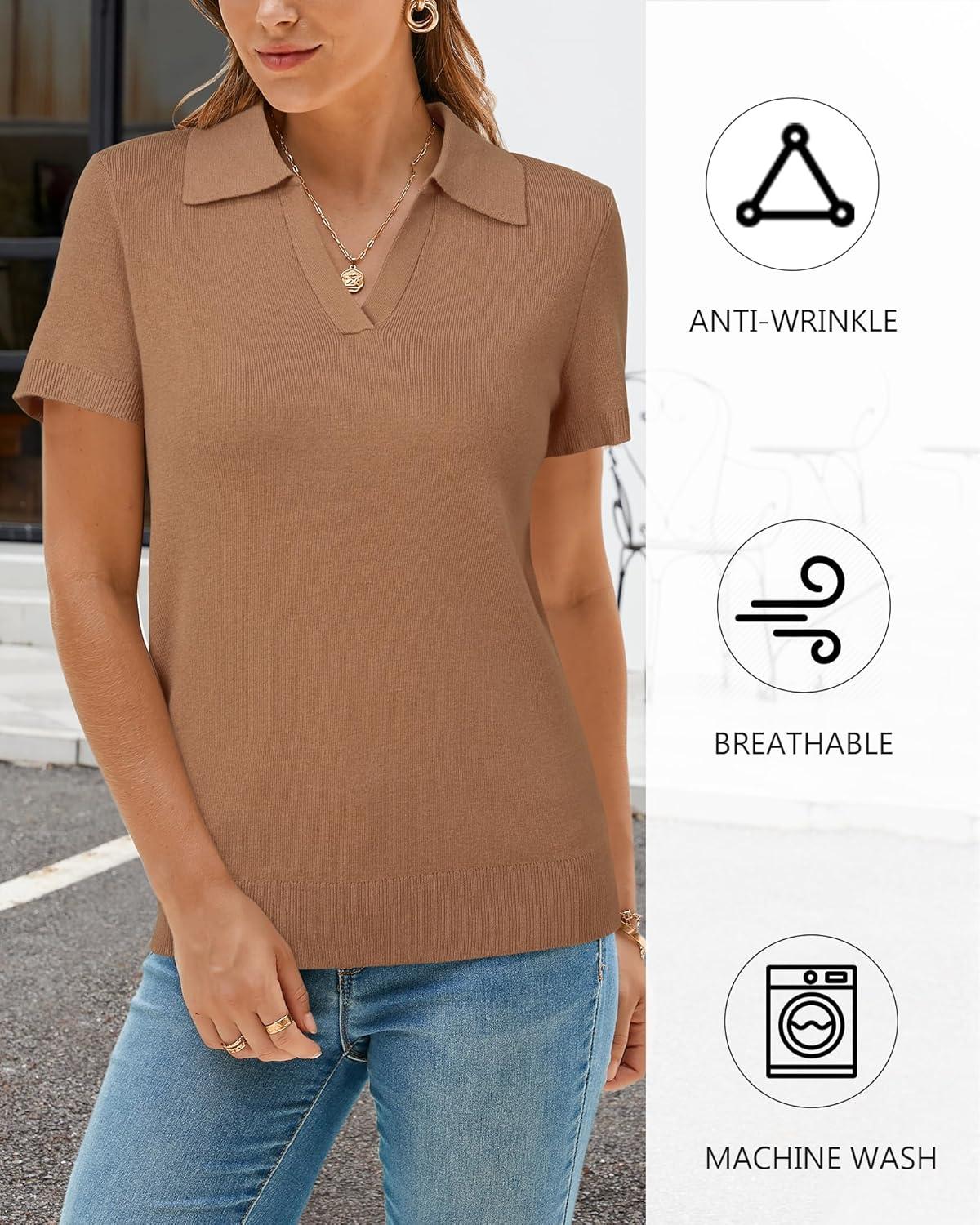 imageArachampCloz Womens Wool Blend Knit Spring Summer Business Casual Lightweight Short Sleeve Sweater Pullover 2026Mocha Mousse